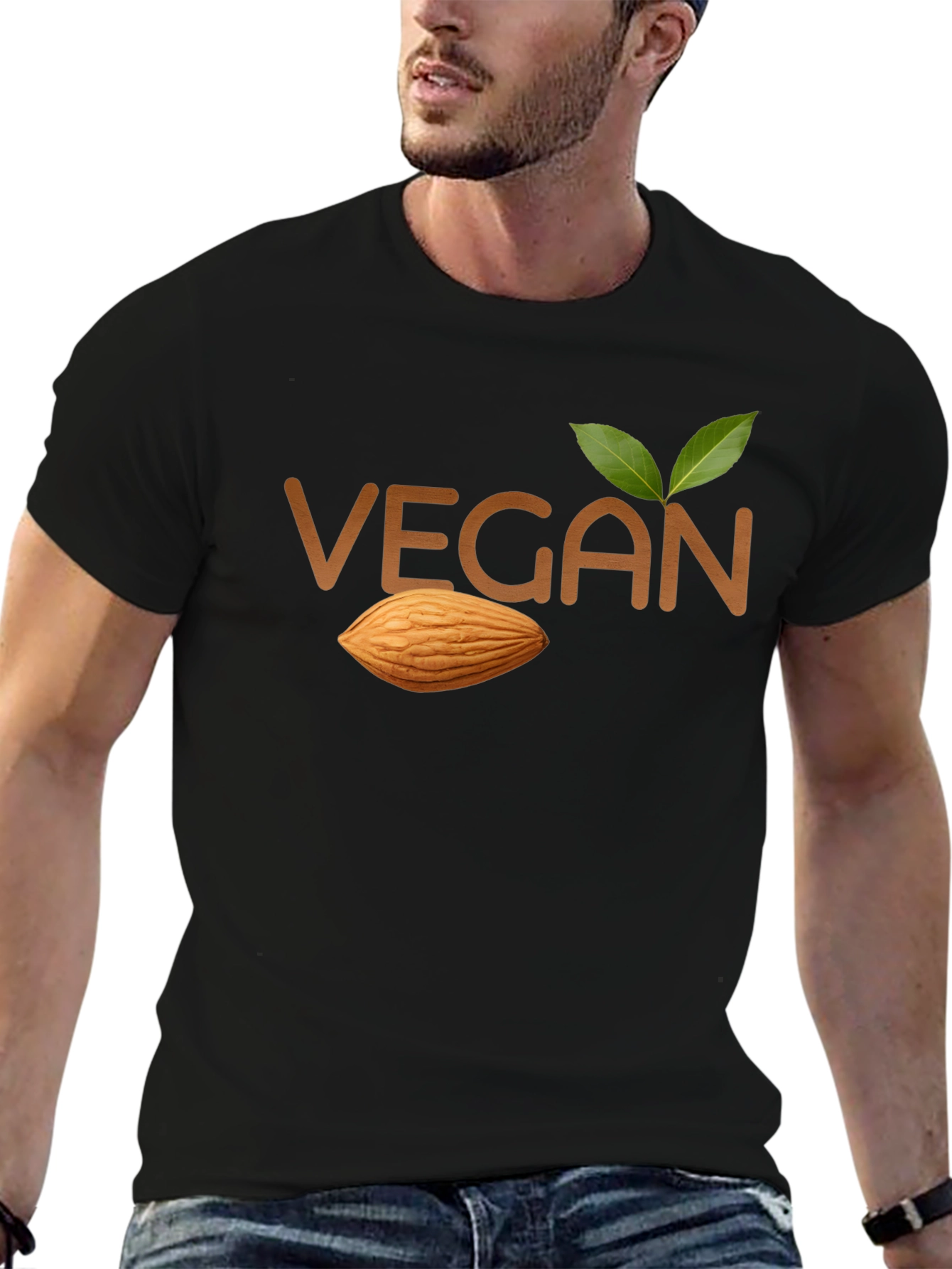 Vegan Almond T-Shirt - Black Crew Neck Tee