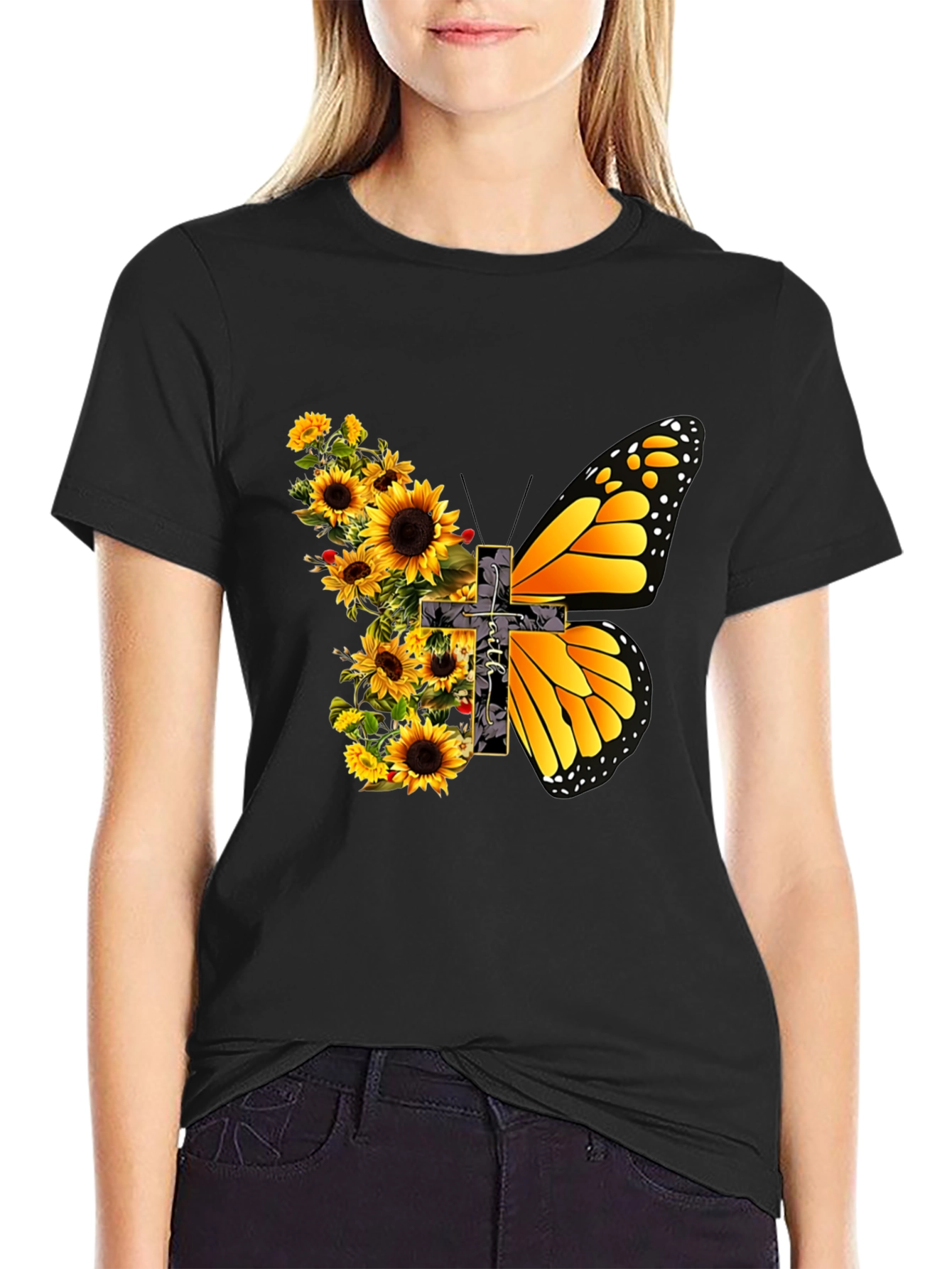 Sunflower Butterfly Graphic Print T-Shirt