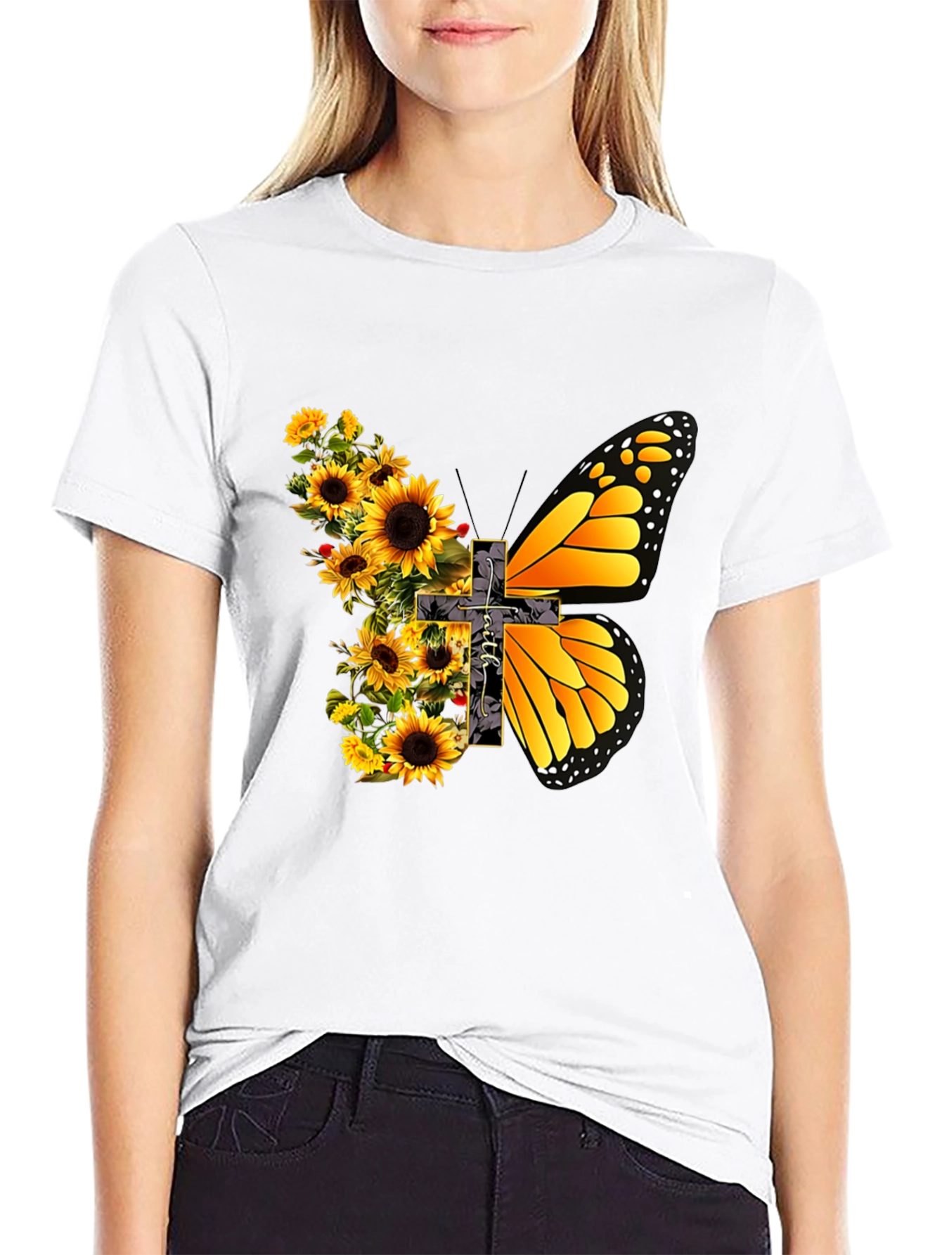 Sunflower Butterfly Graphic Print T-Shirt
