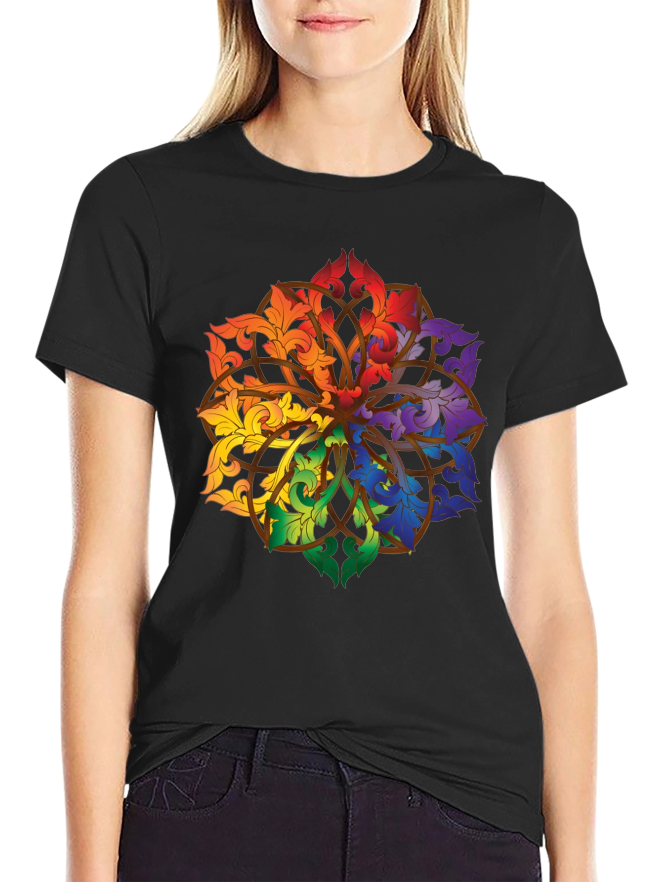 Rainbow Floral Mandala Black T-Shirt