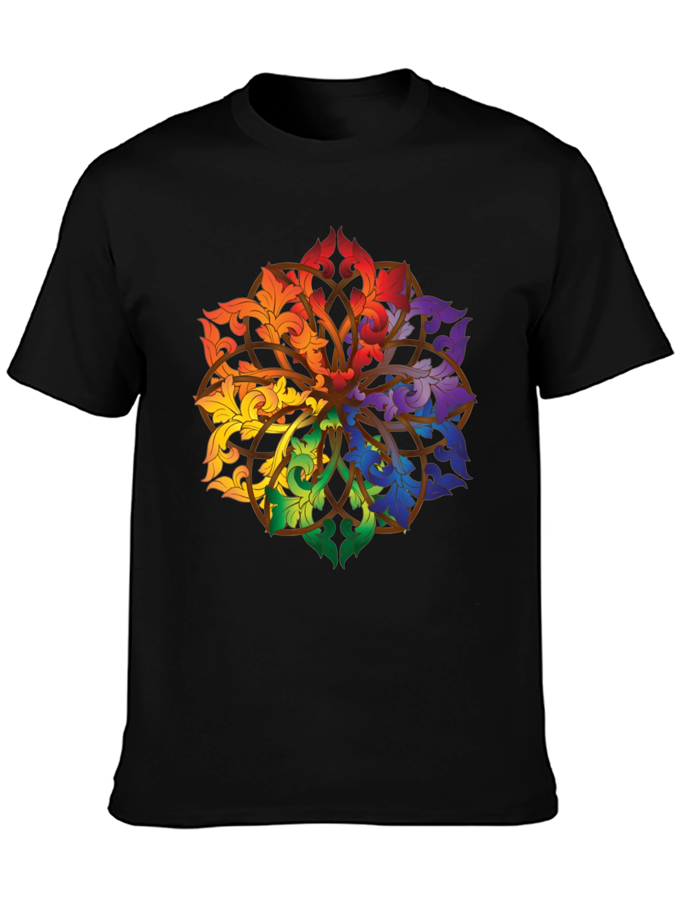 Rainbow Floral Mandala Black T-Shirt