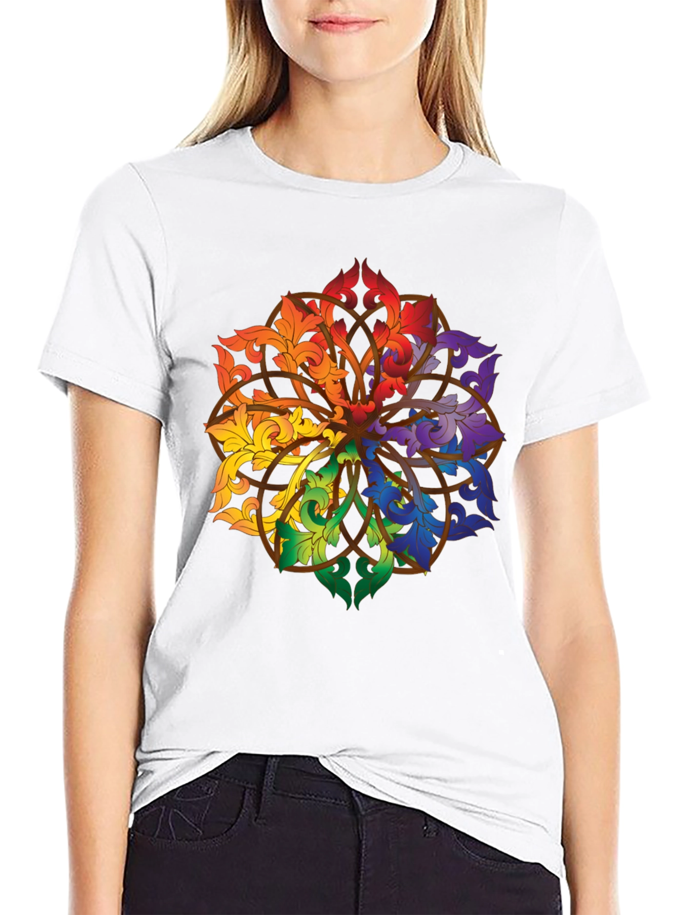 Rainbow Floral Mandala Black T-Shirt