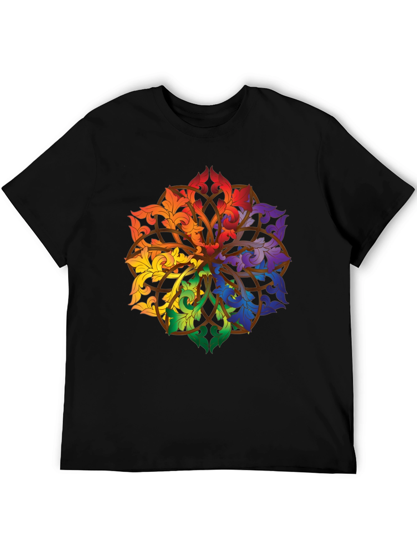 Rainbow Floral Mandala Black T-Shirt
