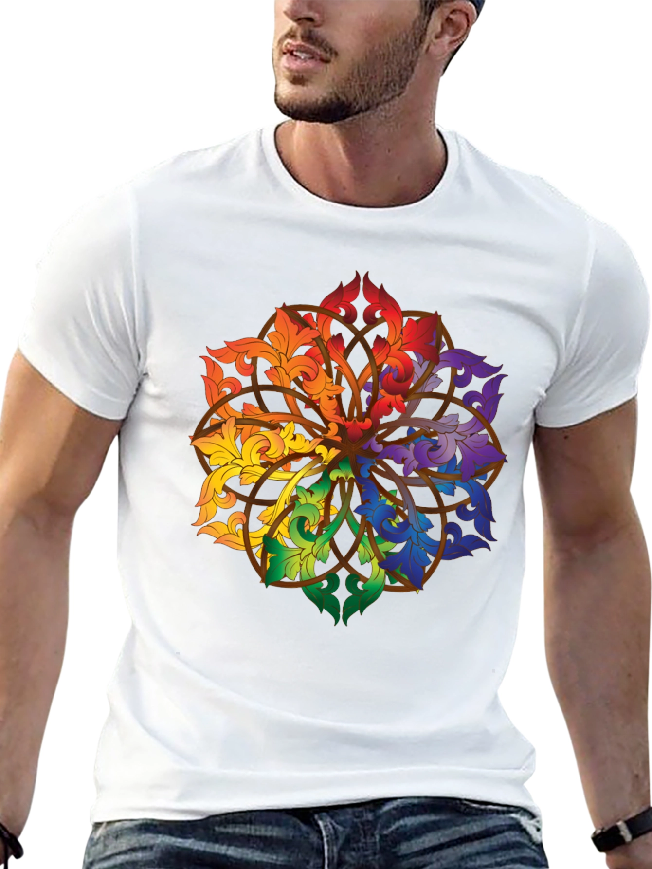 Rainbow Floral Mandala Black T-Shirt