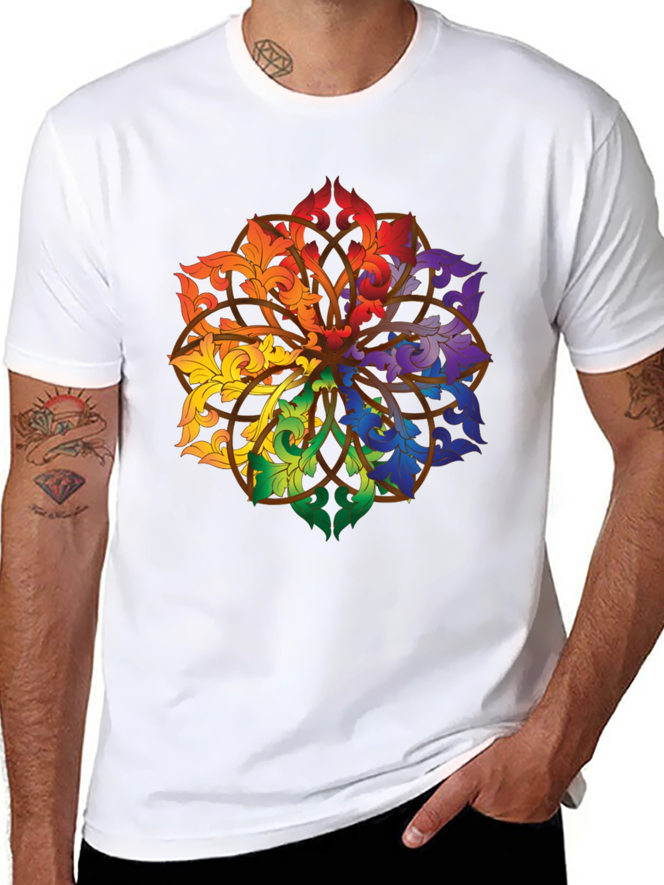 Rainbow Floral Mandala Black T-Shirt