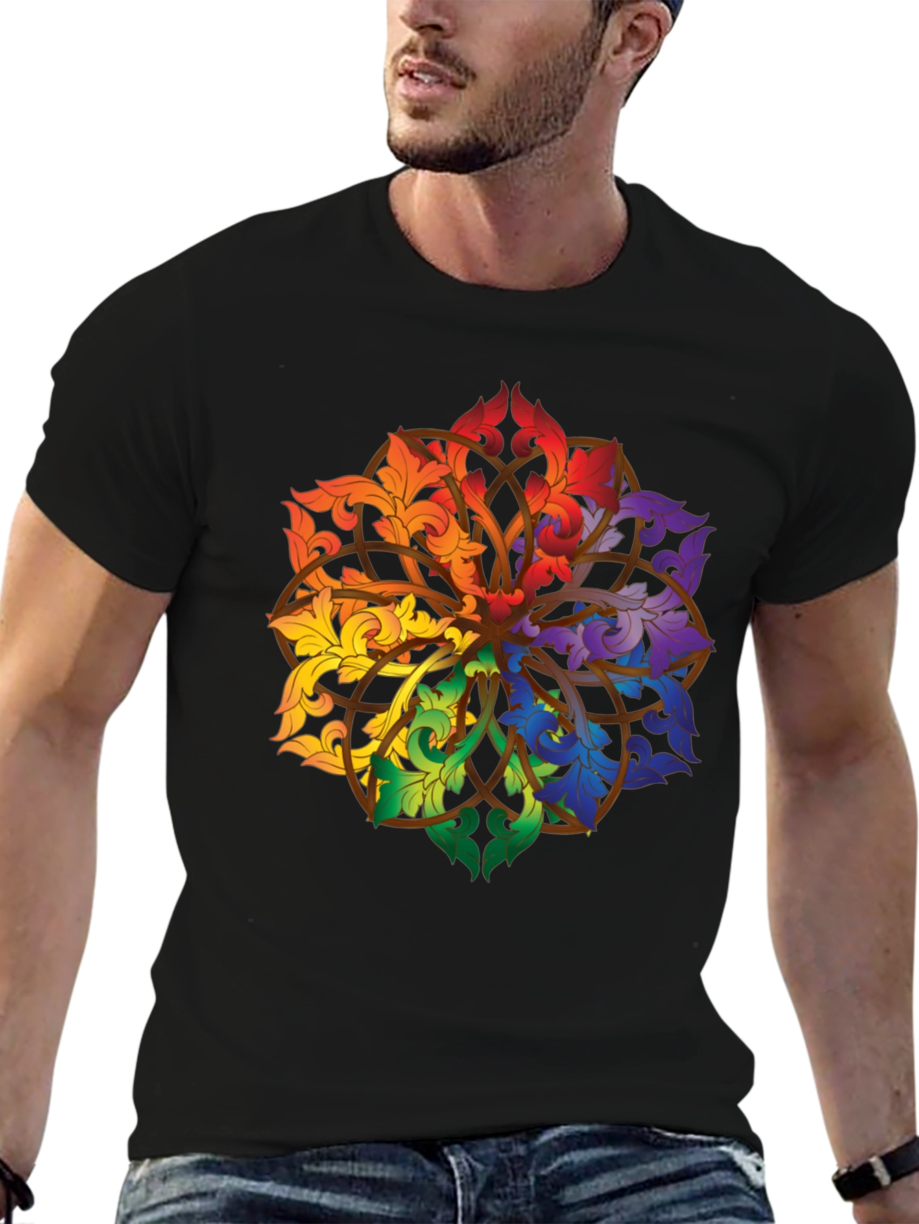 Rainbow Floral Mandala Black T-Shirt