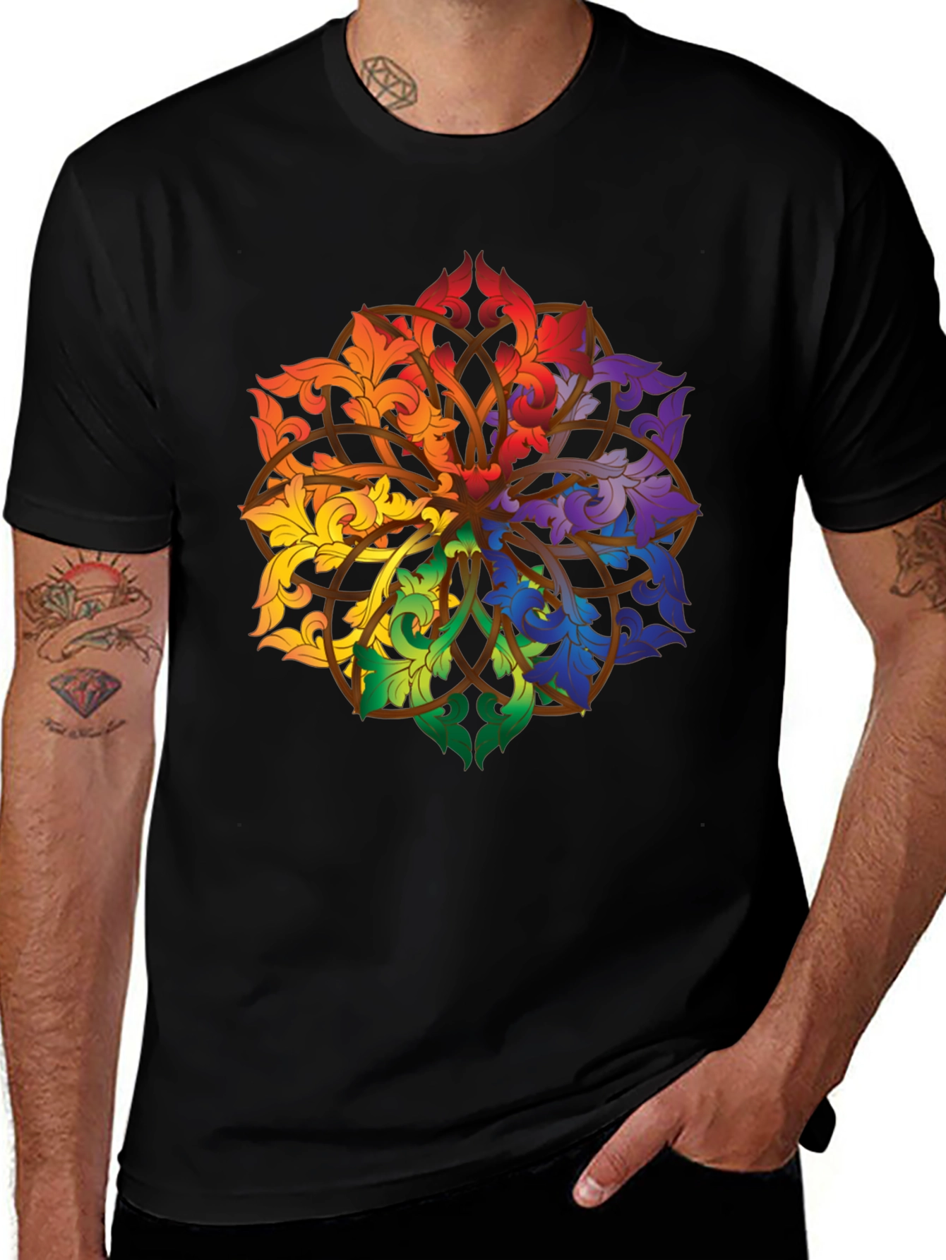 Rainbow Floral Mandala Black T-Shirt
