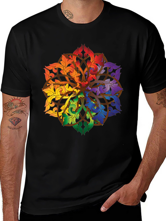 Rainbow Floral Mandala Black T-Shirt