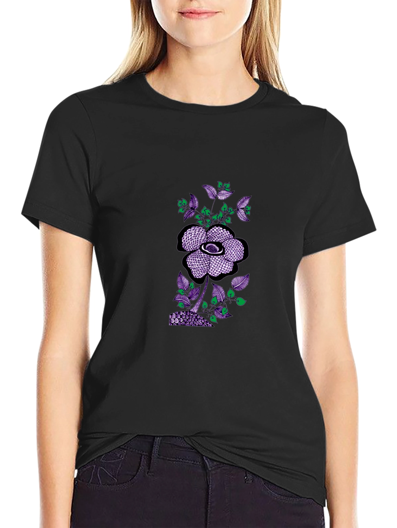 Black Tee with Abstract Floral Print