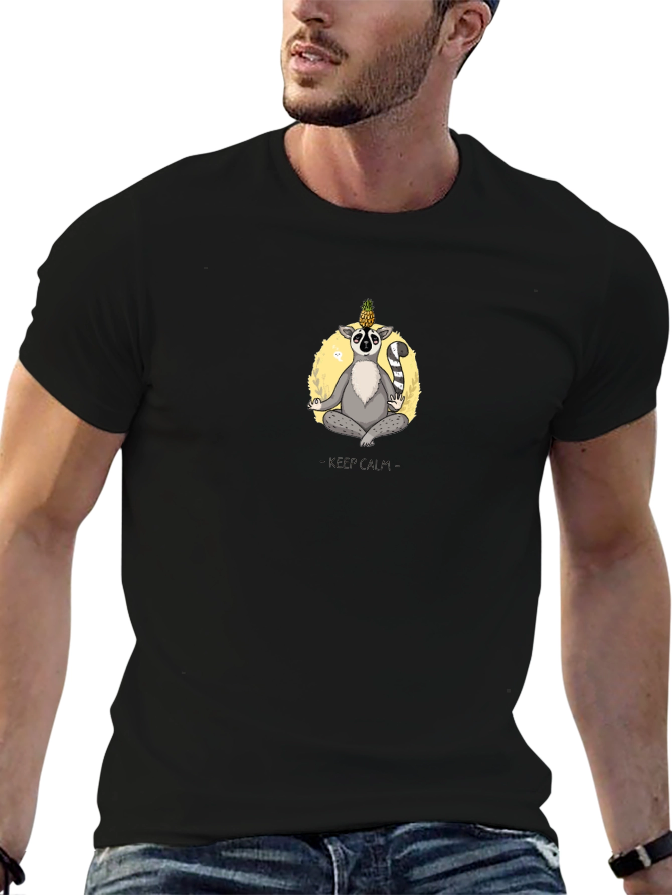 Zen Lemur Black T-Shirt: Meditating Animal Graphic Tee