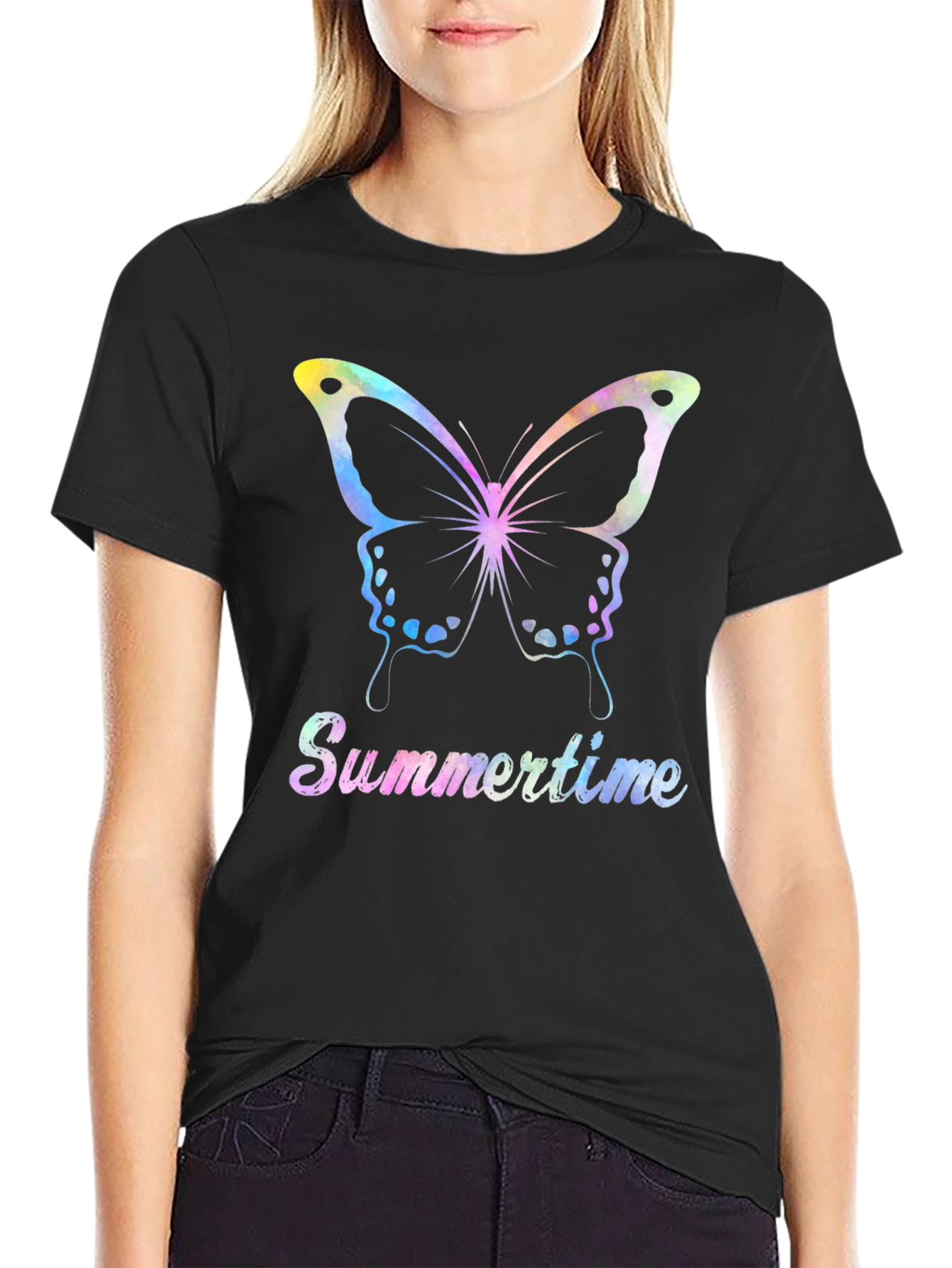 Summertime Butterfly Graphic Tee - Black Casual Shirt