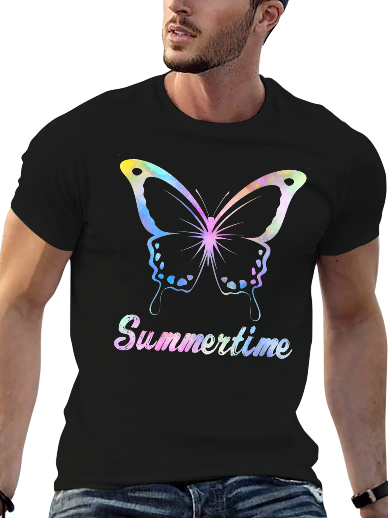 Summertime Butterfly Graphic Tee - Black Casual Shirt