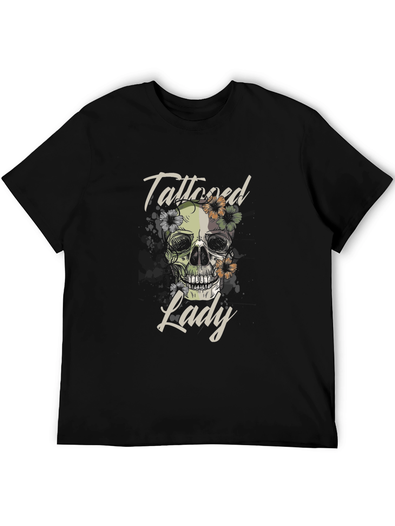 Tattooed Lady Skull Graphic Tee - Black Cotton T-Shirt