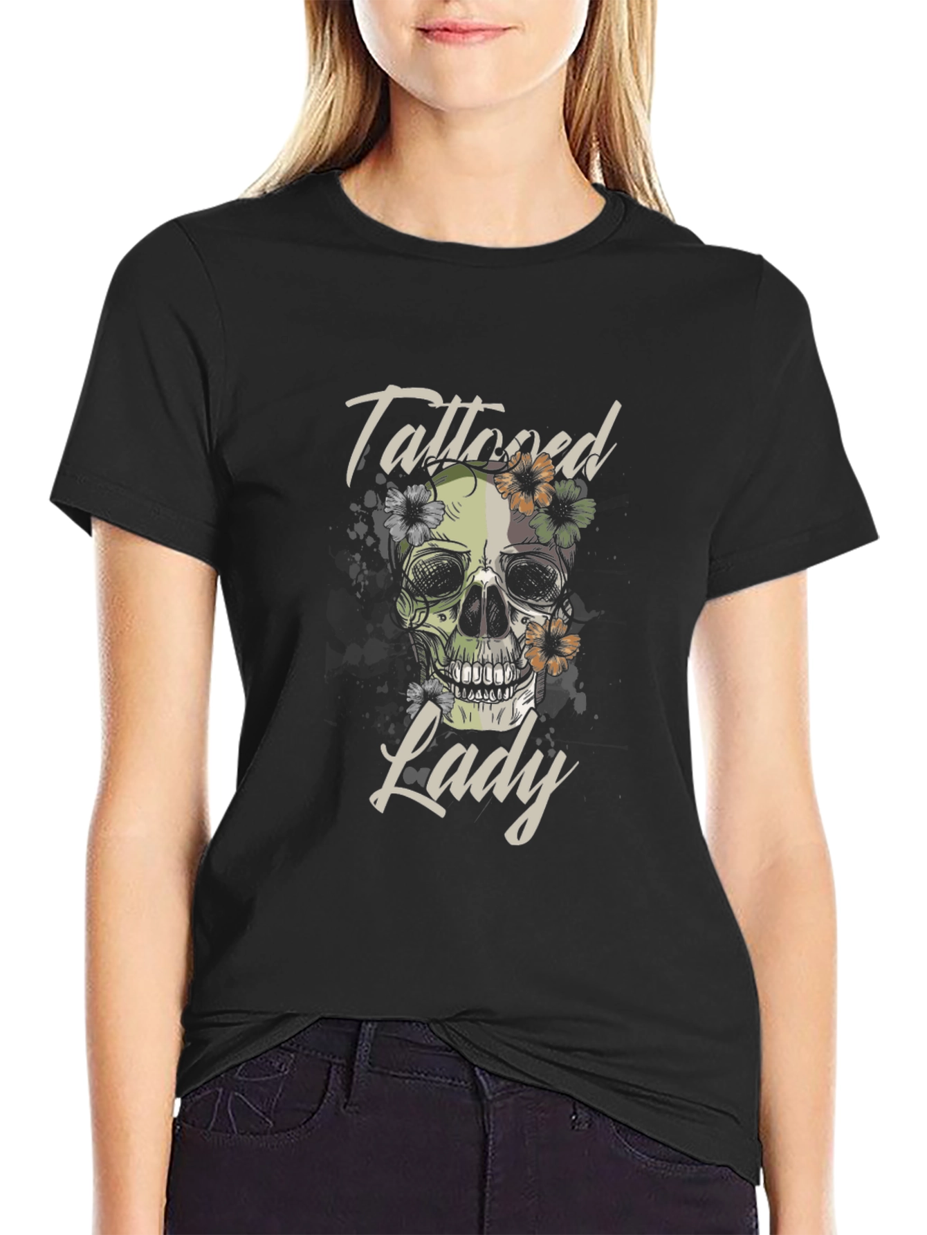 Tattooed Lady Skull Graphic Tee - Black Cotton T-Shirt