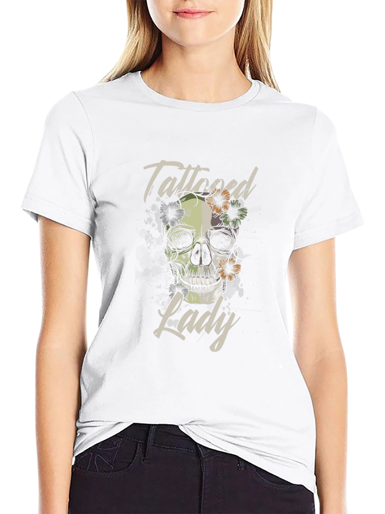 Tattooed Lady Skull Graphic Tee - Black Cotton T-Shirt