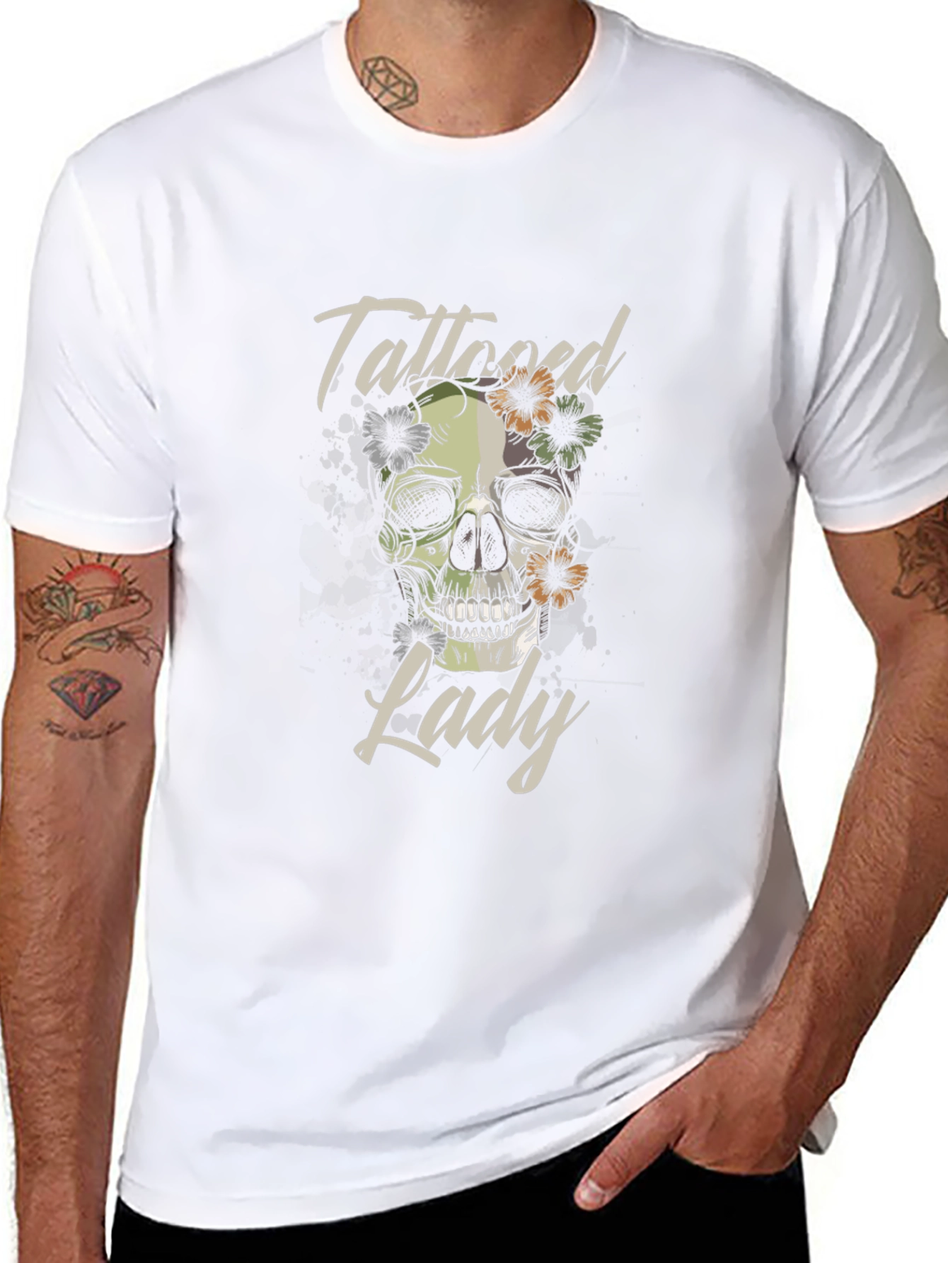 Tattooed Lady Skull Graphic Tee - Black Cotton T-Shirt