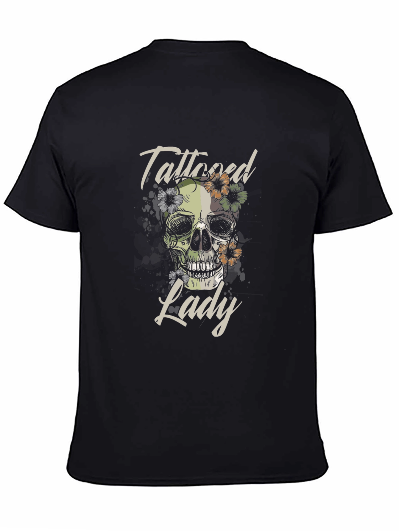 Tattooed Lady Skull Graphic Tee - Black Cotton T-Shirt