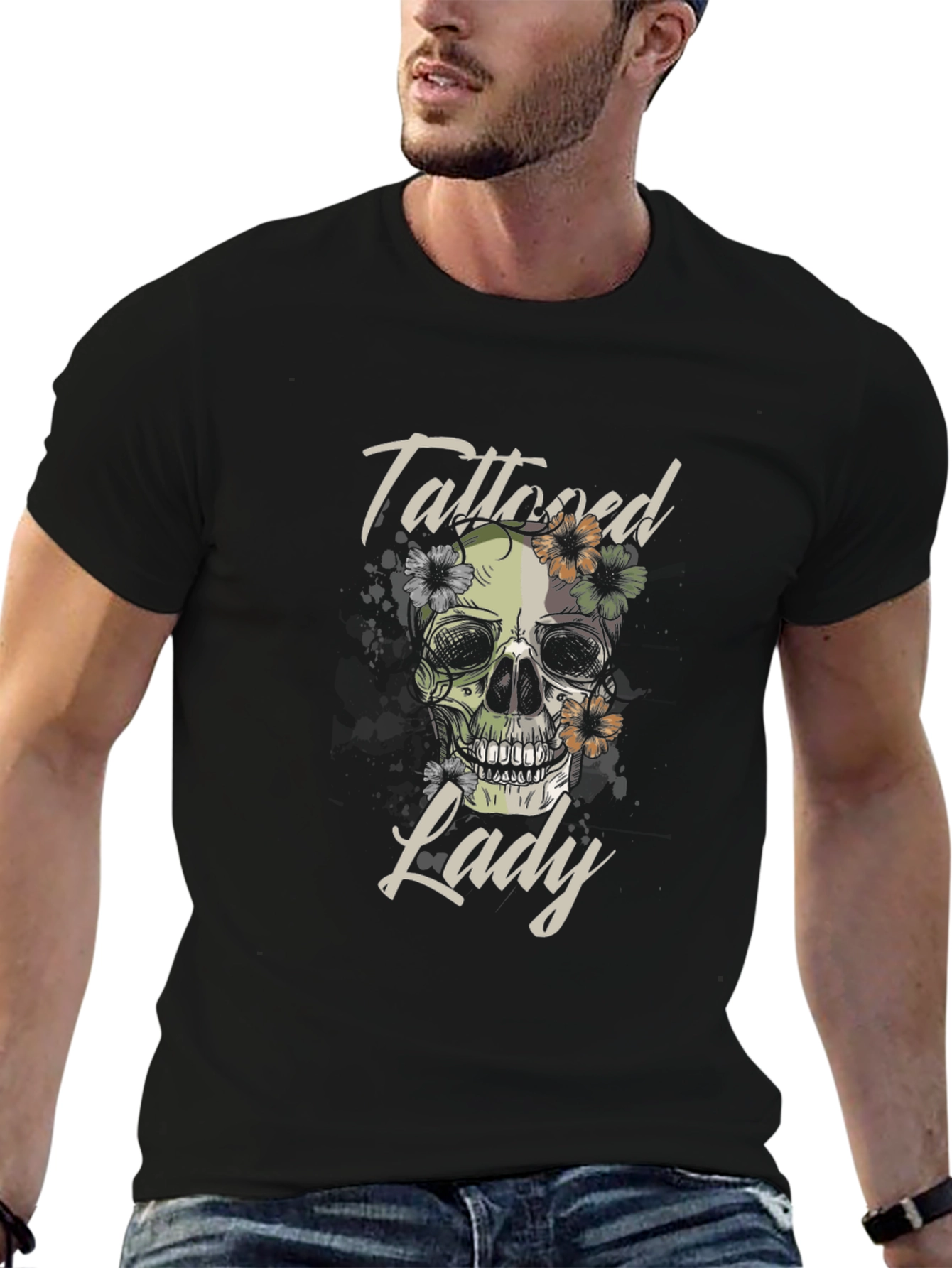 Tattooed Lady Skull Graphic Tee - Black Cotton T-Shirt
