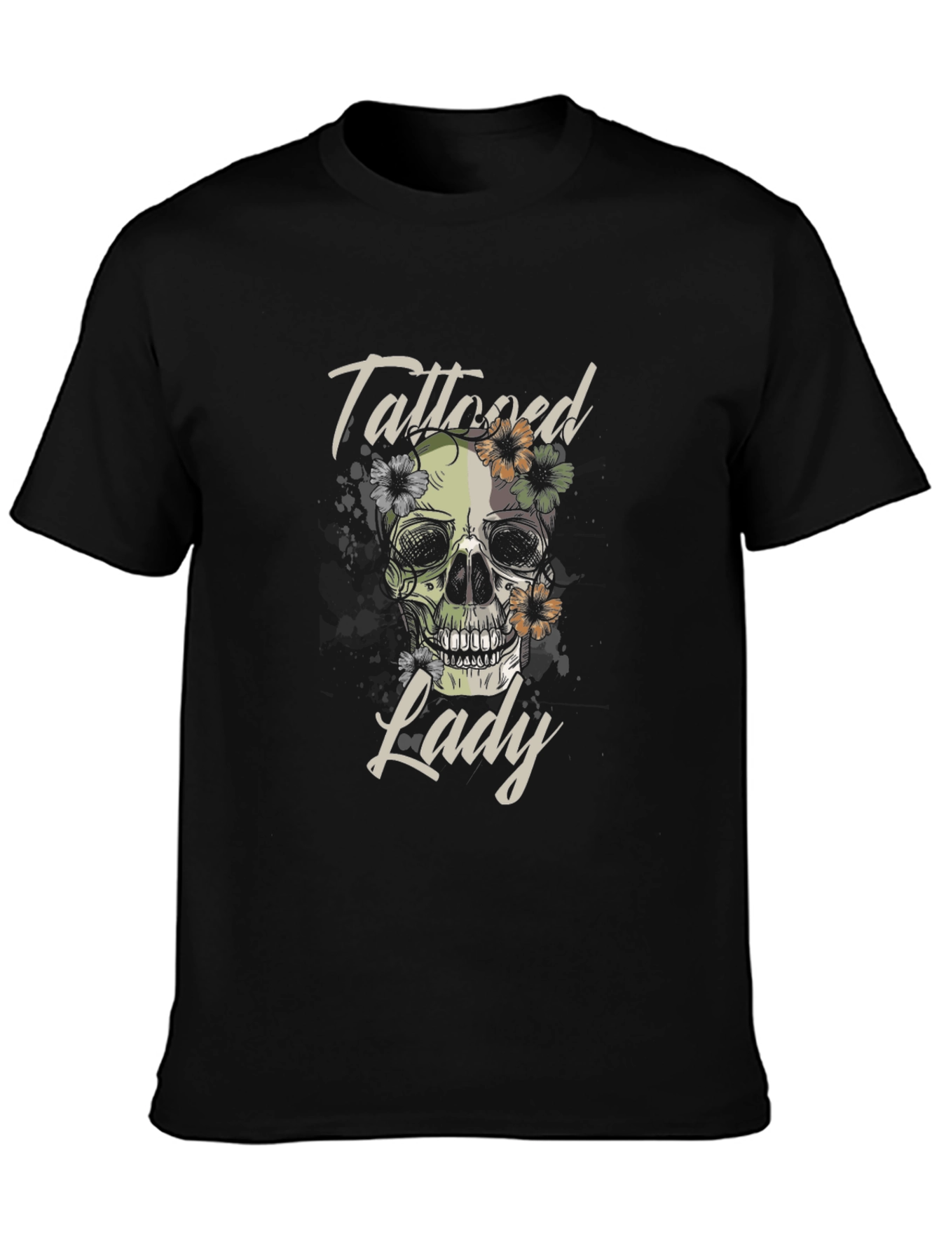 Tattooed Lady Skull Graphic Tee - Black Cotton T-Shirt
