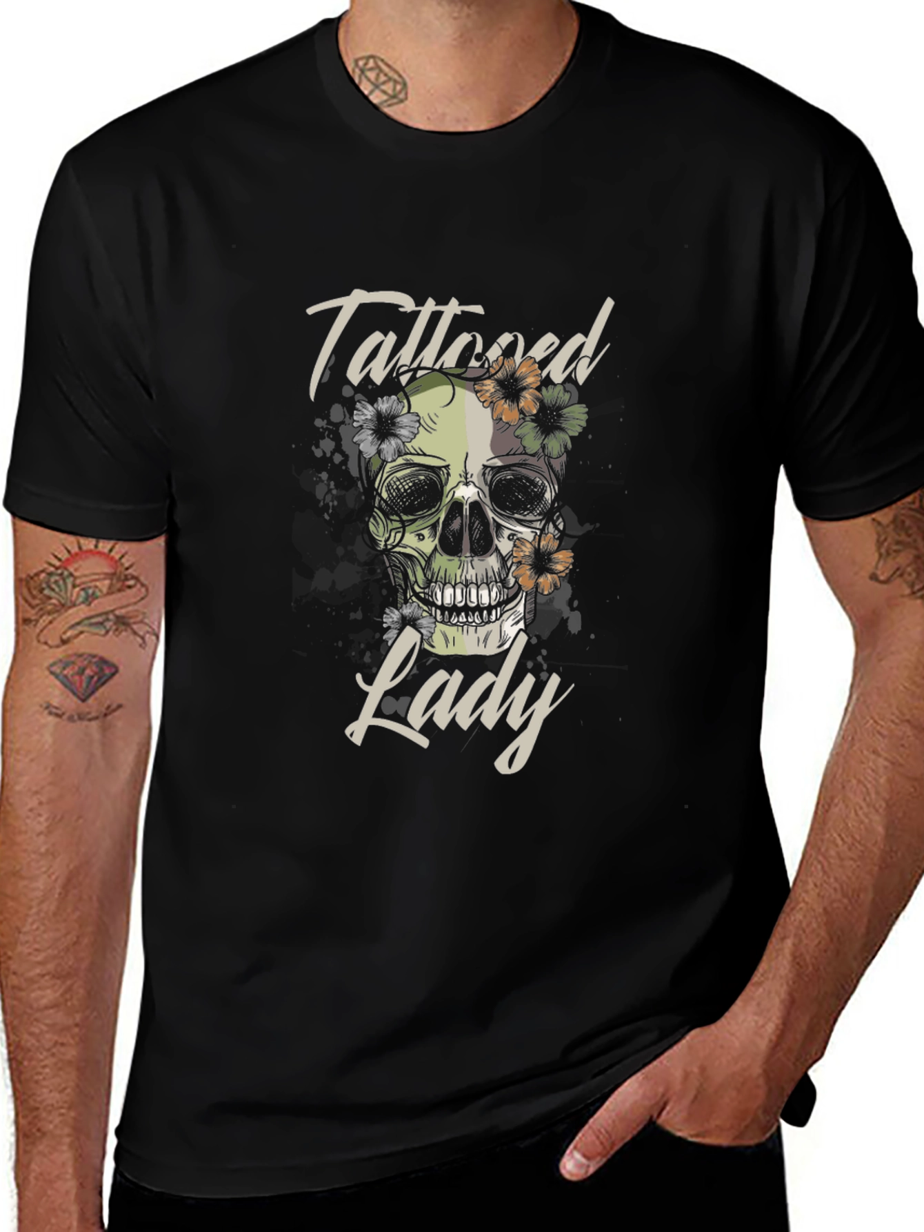 Tattooed Lady Skull Graphic Tee - Black Cotton T-Shirt