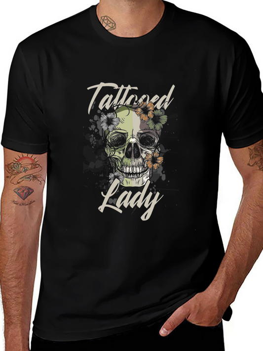 Tattooed Lady Skull Graphic Tee - Black Cotton T-Shirt