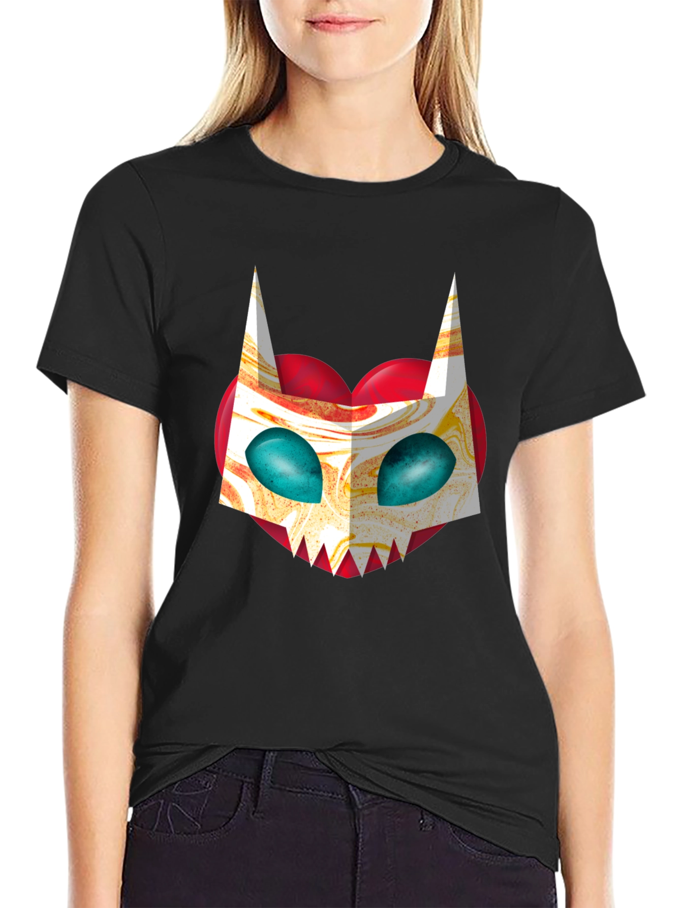 Unique Graphic Tee - Abstract Cat Mask on Black