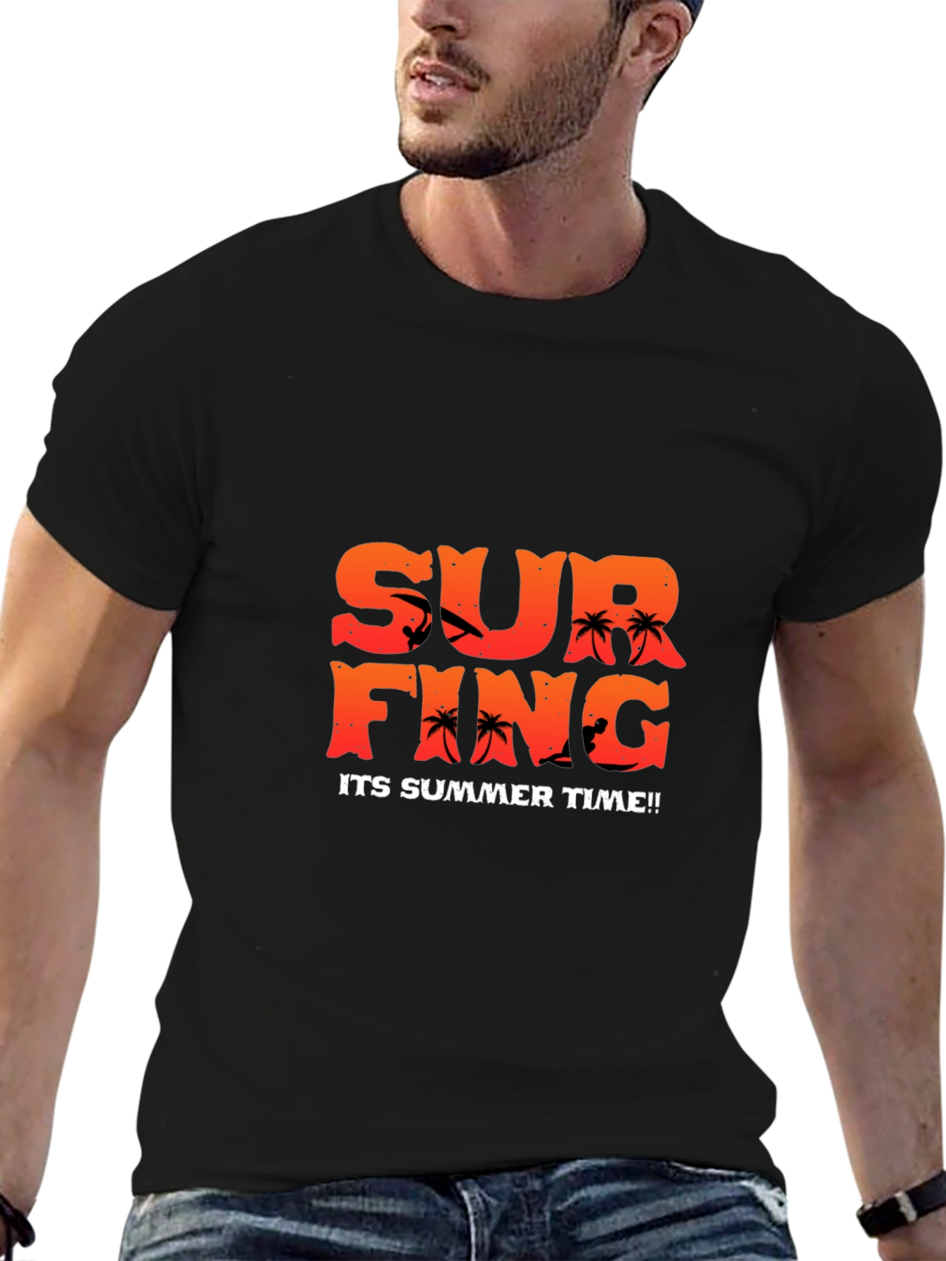Summer Surfing Graphic Tee - Black Cotton T-Shirt
