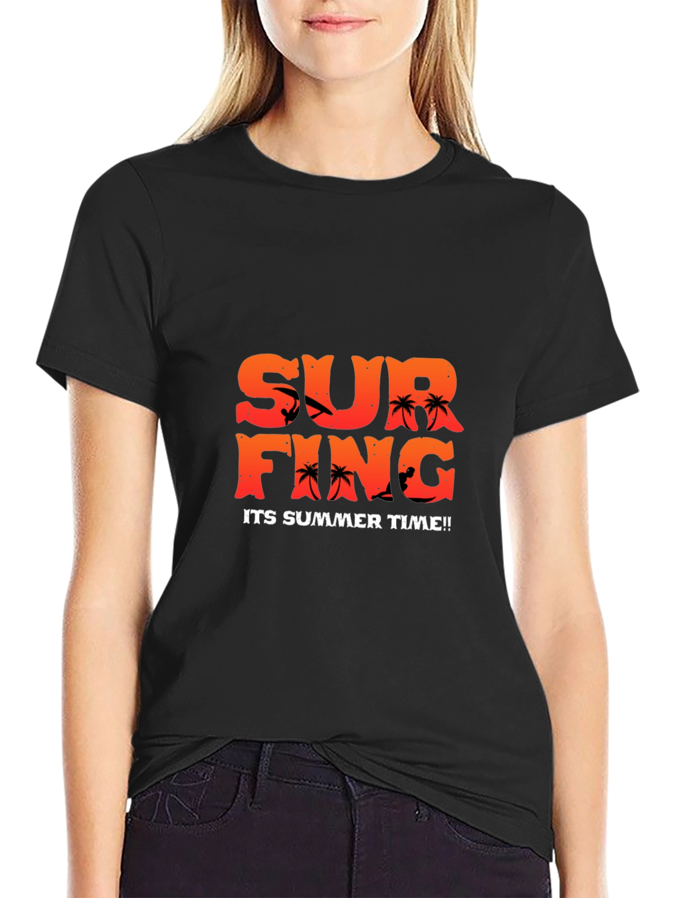 Summer Surfing Graphic Tee - Black Cotton T-Shirt