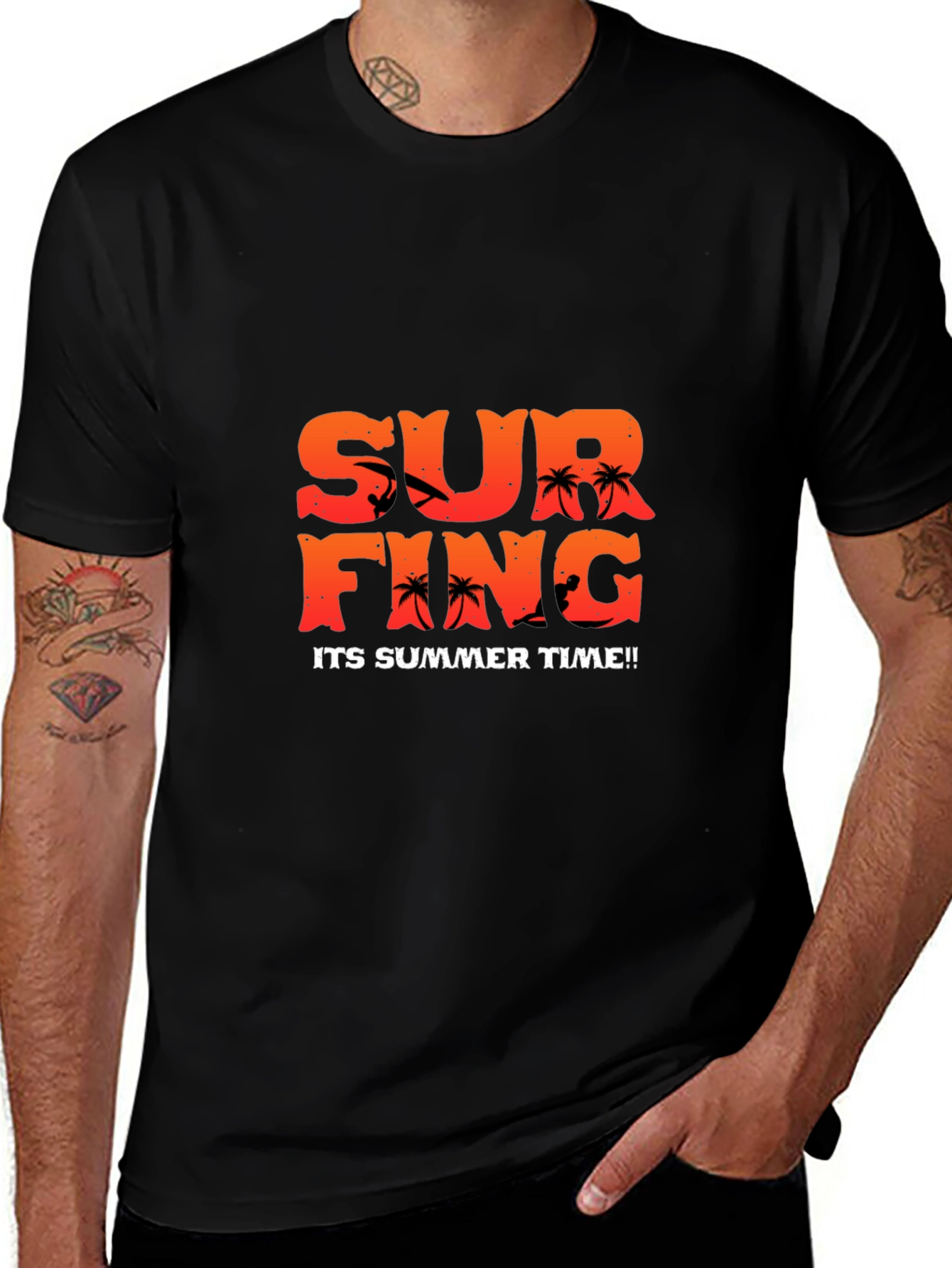Summer Surfing Graphic Tee - Black Cotton T-Shirt