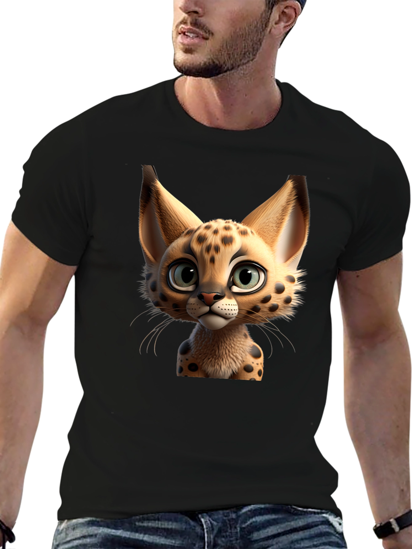 Cartoon Serval Cat Graphic T-Shirt