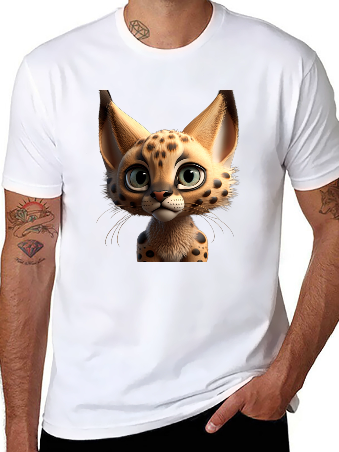 Cartoon Serval Cat Graphic T-Shirt