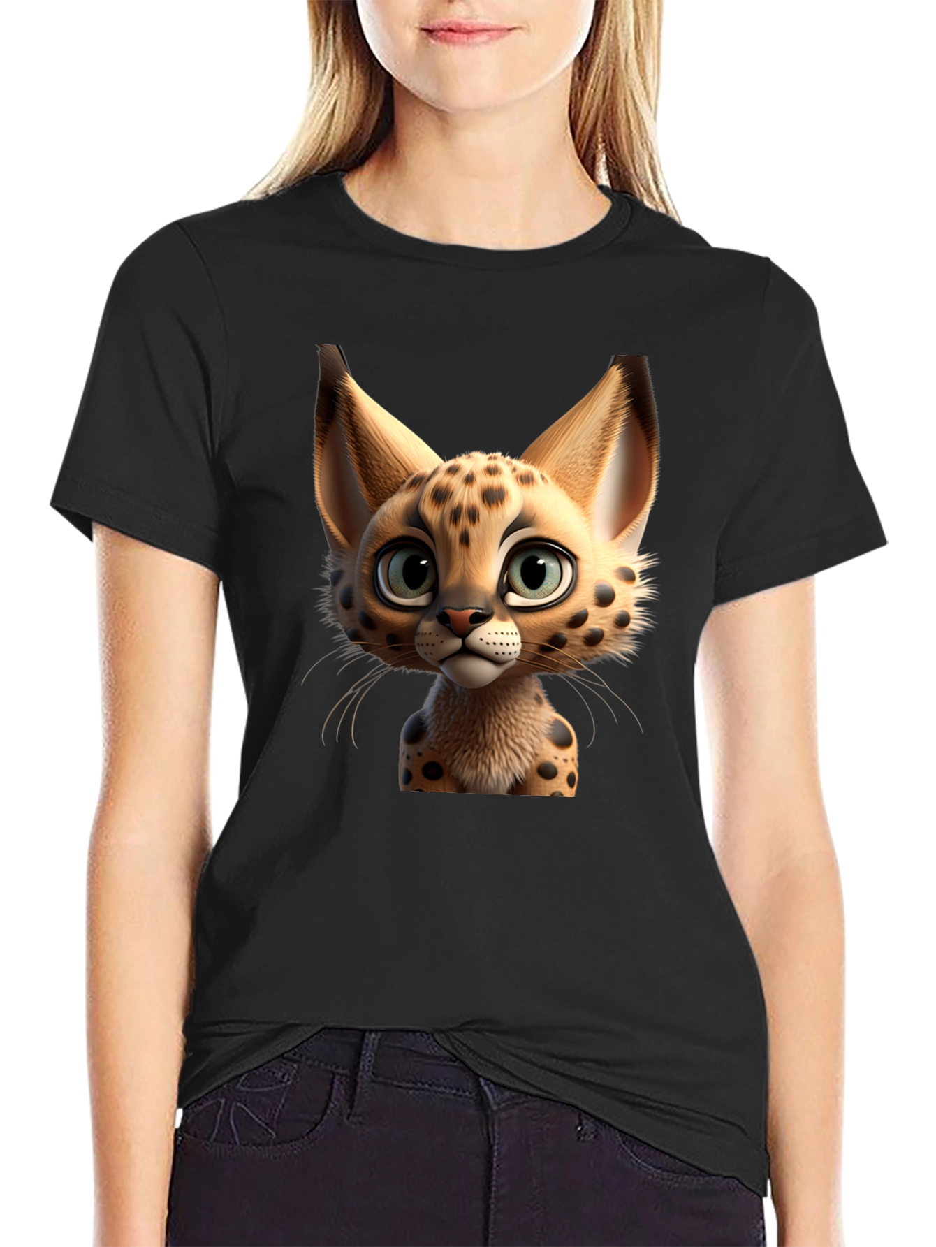 Cartoon Serval Cat Graphic T-Shirt