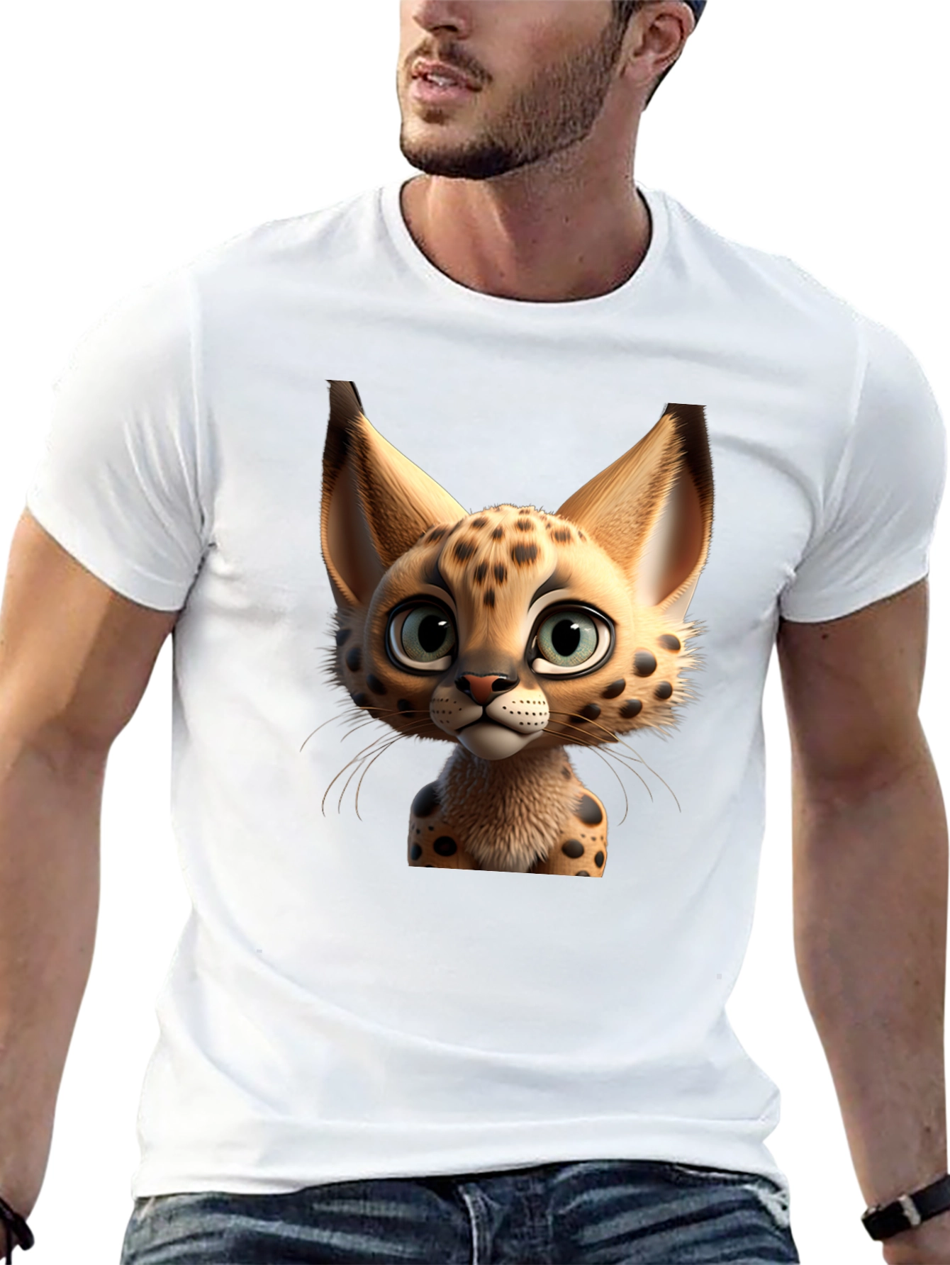 Cartoon Serval Cat Graphic T-Shirt