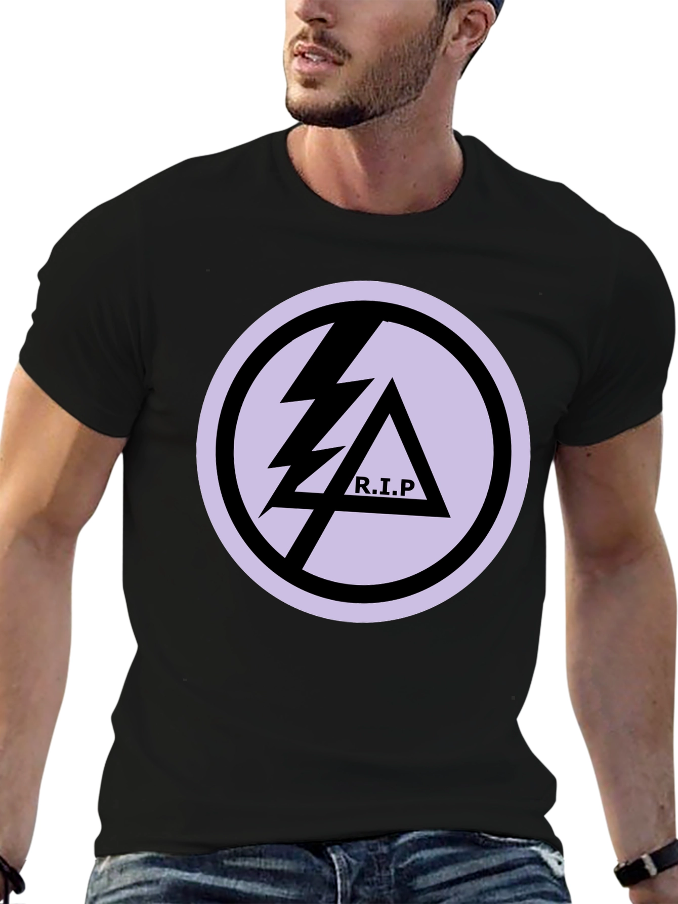 Black T-Shirt with R.I.P Lightning Bolt Graphic Print