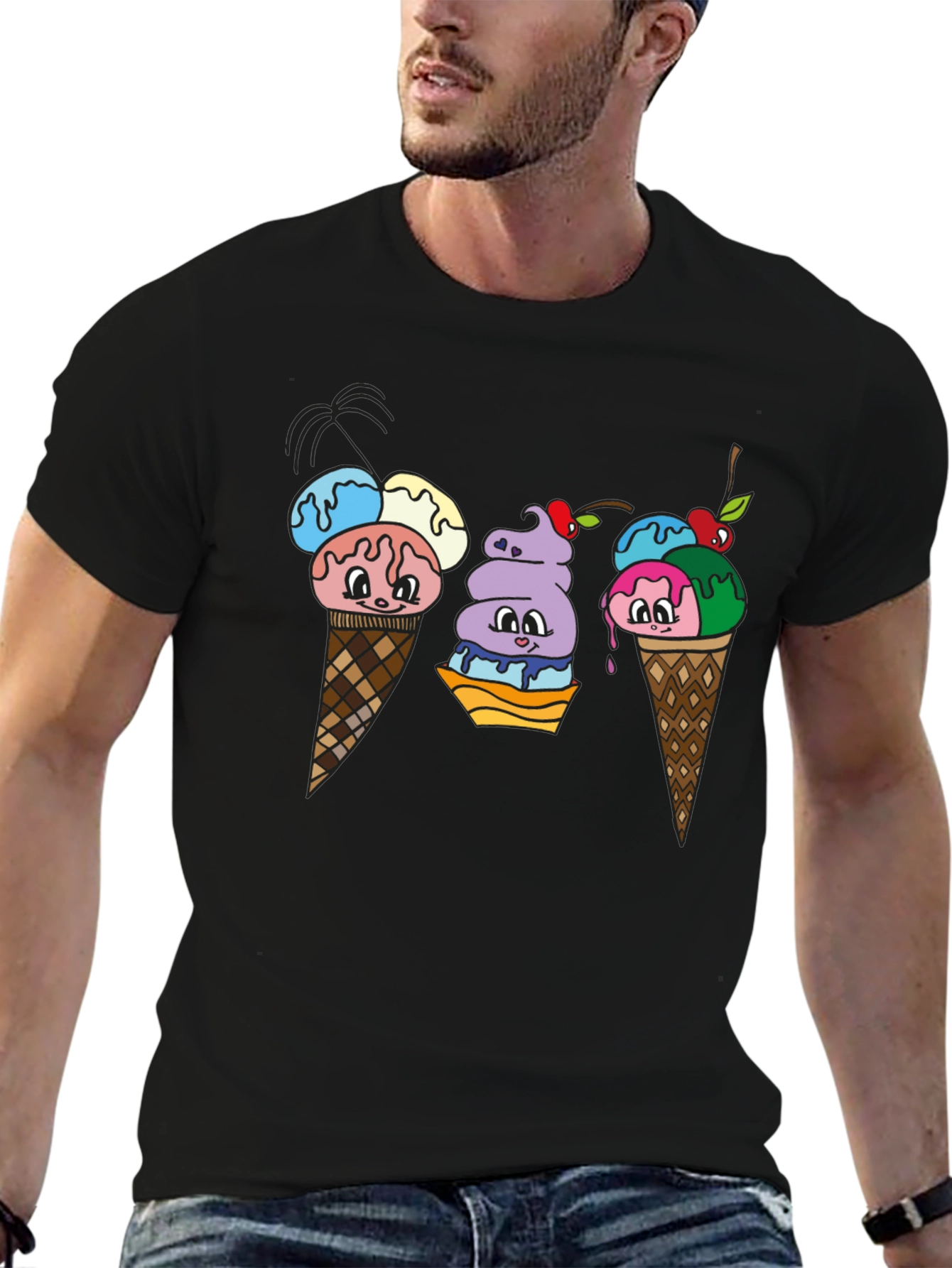 Cartoon Ice Cream Cone Black T-Shirt