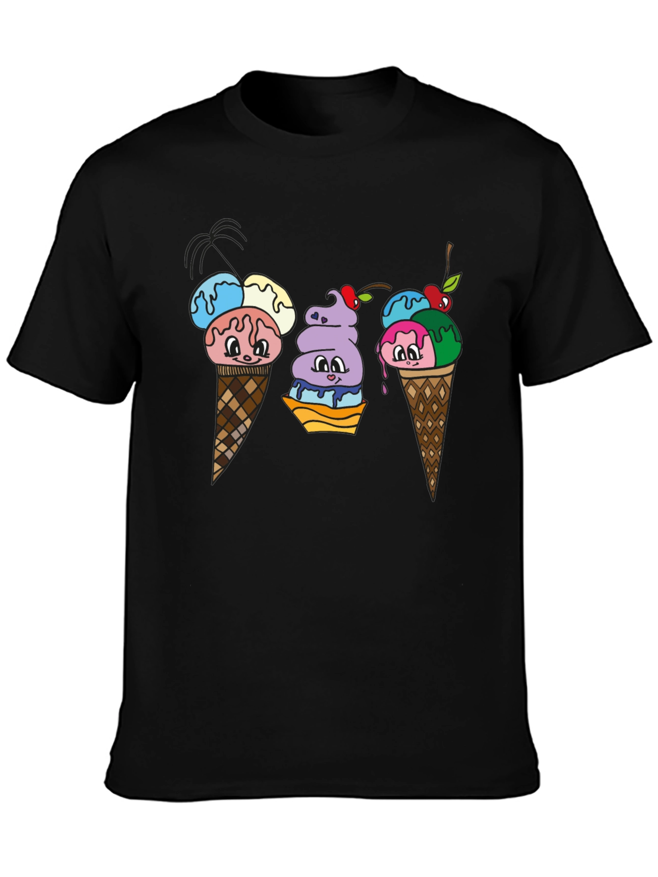 Cartoon Ice Cream Cone Black T-Shirt