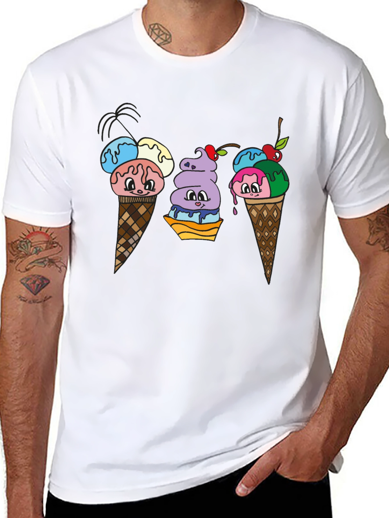 Cartoon Ice Cream Cone Black T-Shirt