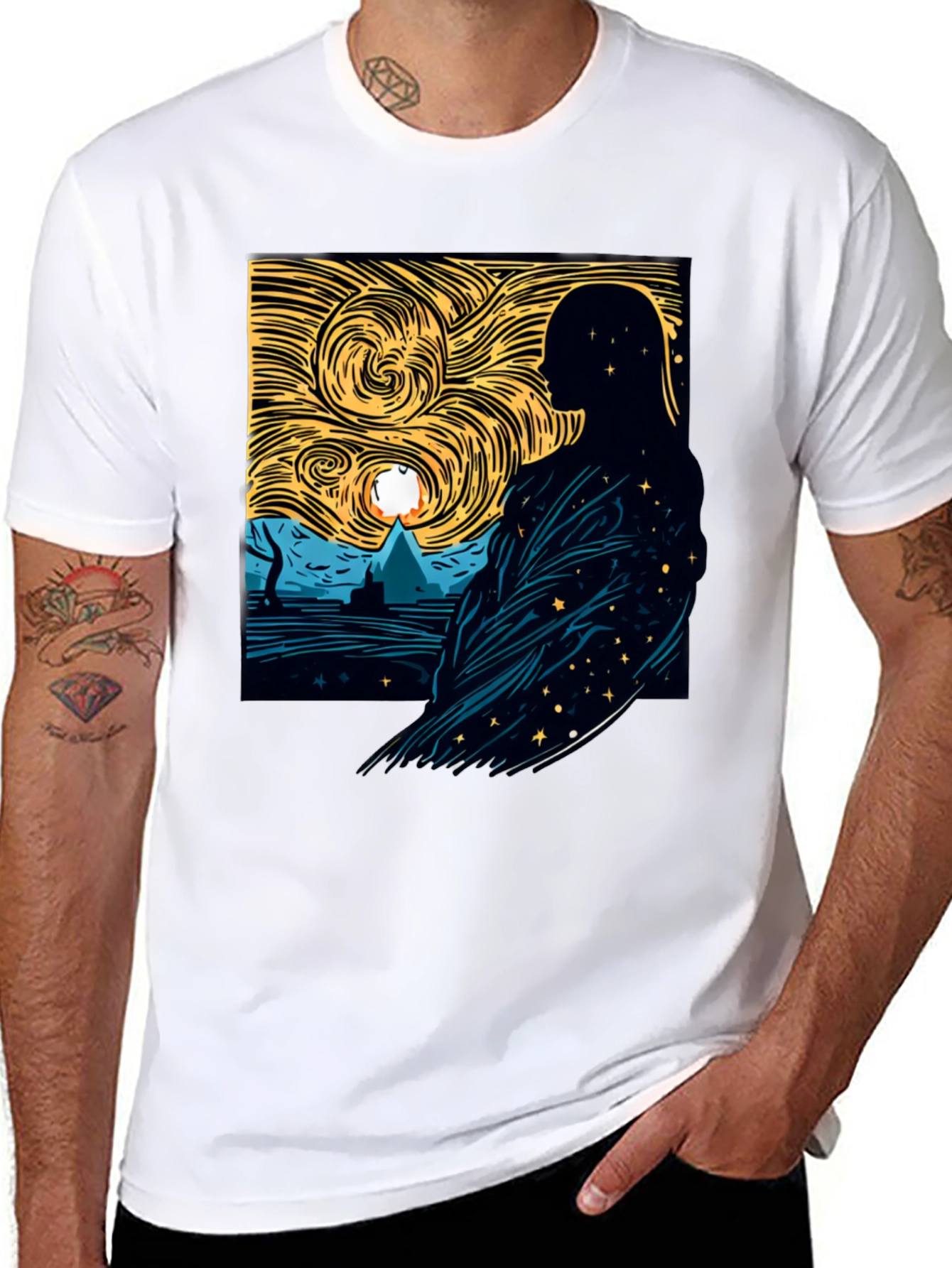 Starry Night Silhouette Graphic Tee - Modern Art Shirt