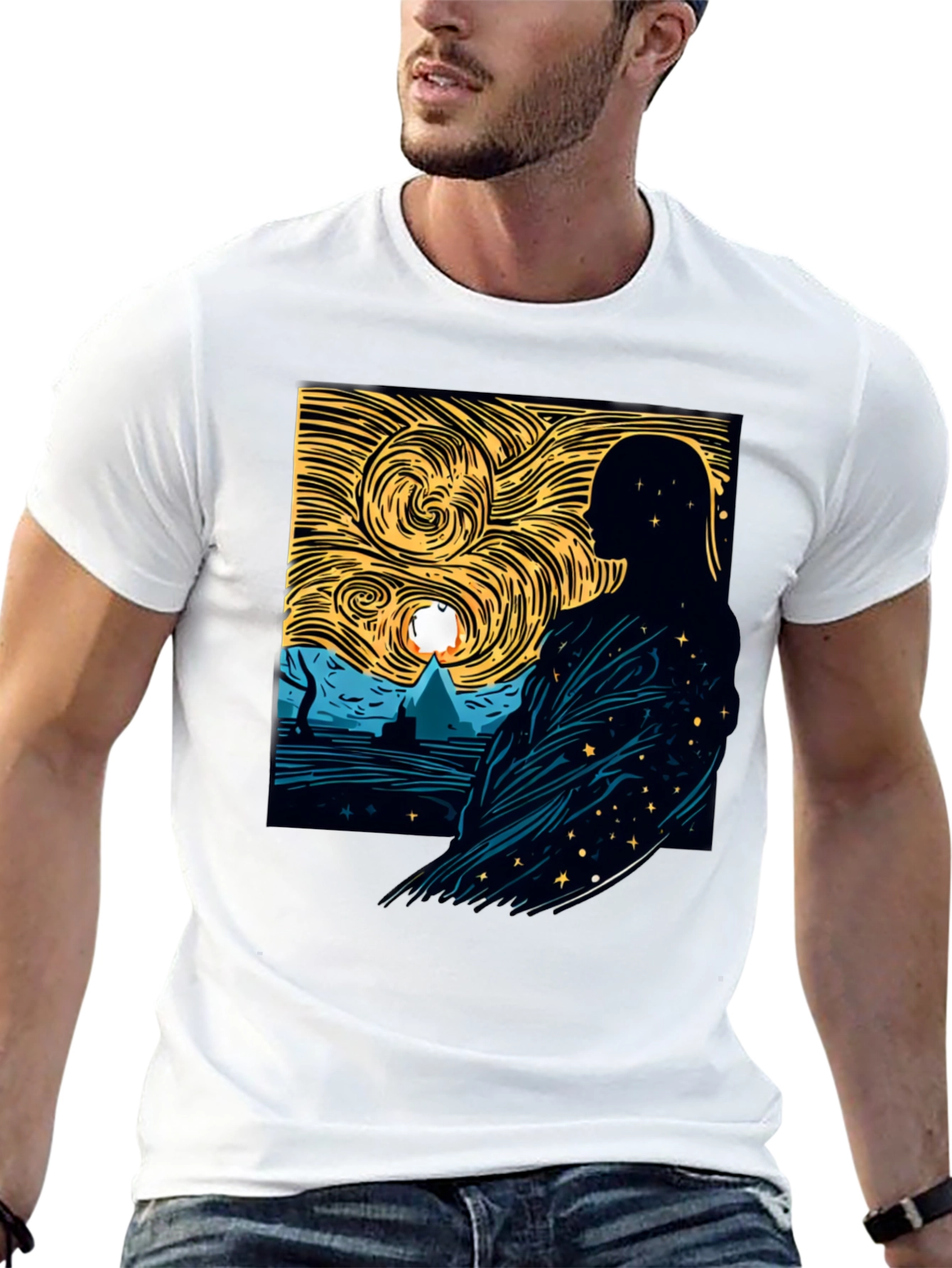 Starry Night Silhouette Graphic Tee - Modern Art Shirt