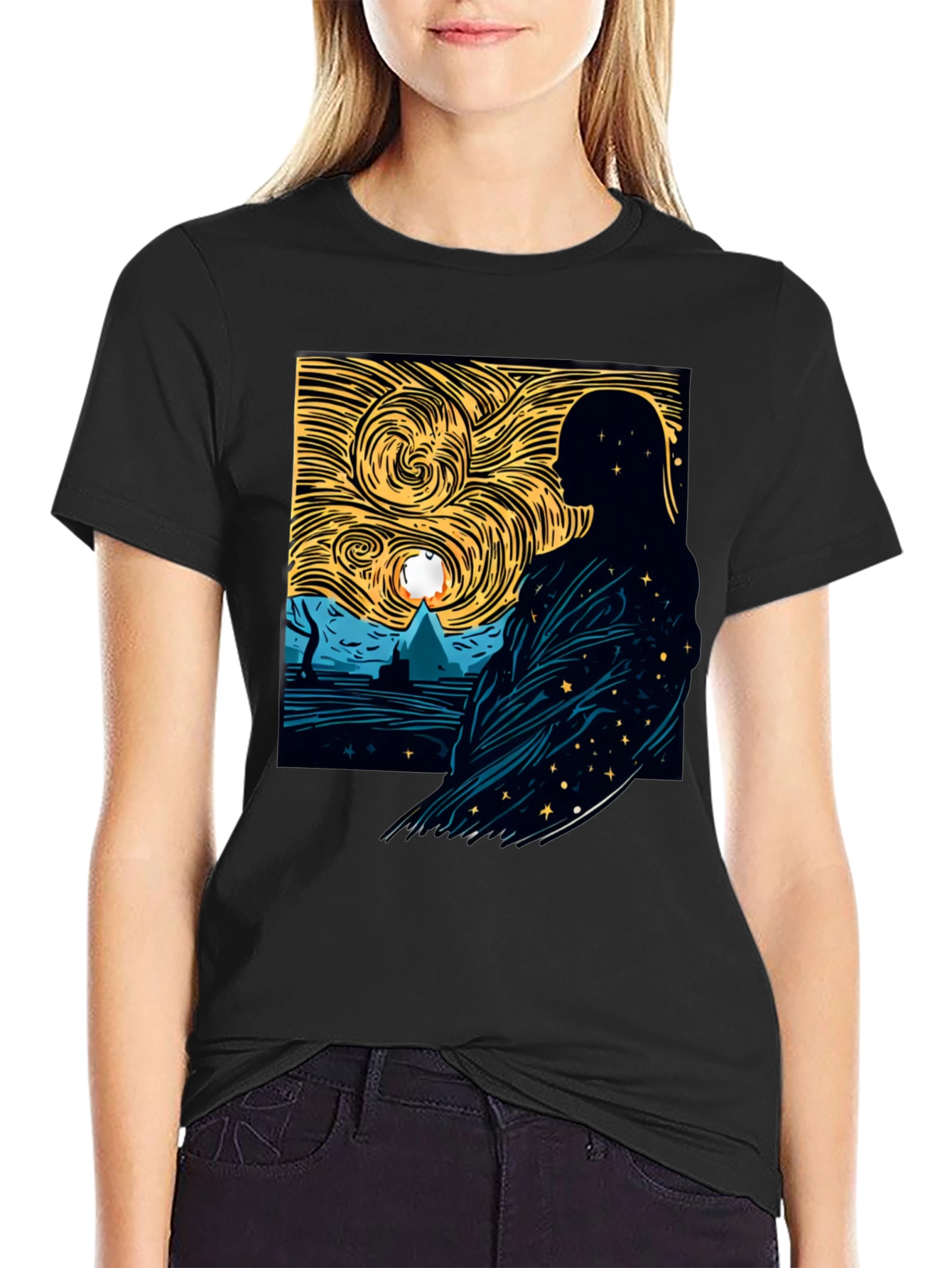 Starry Night Silhouette Graphic Tee - Modern Art Shirt