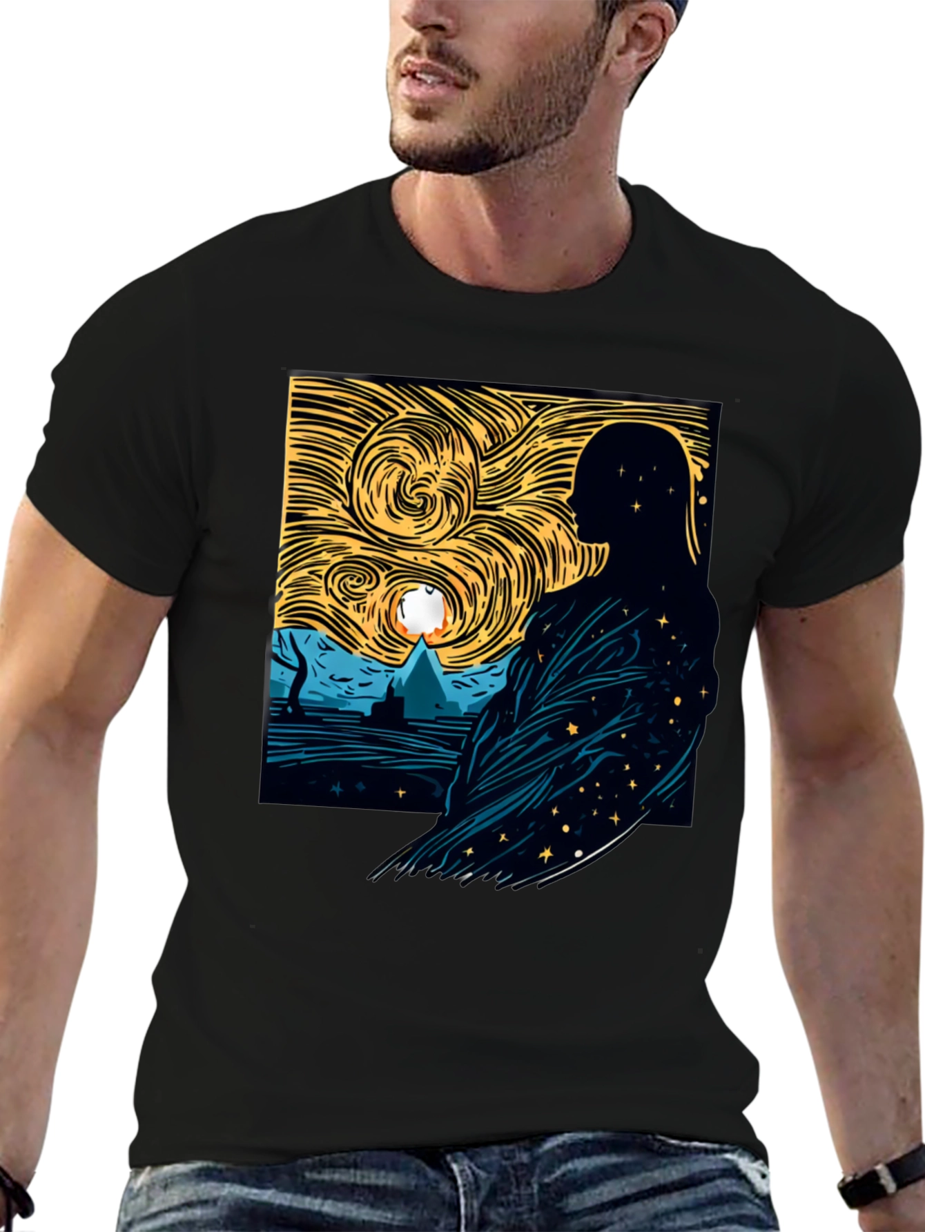Starry Night Silhouette Graphic Tee - Modern Art Shirt