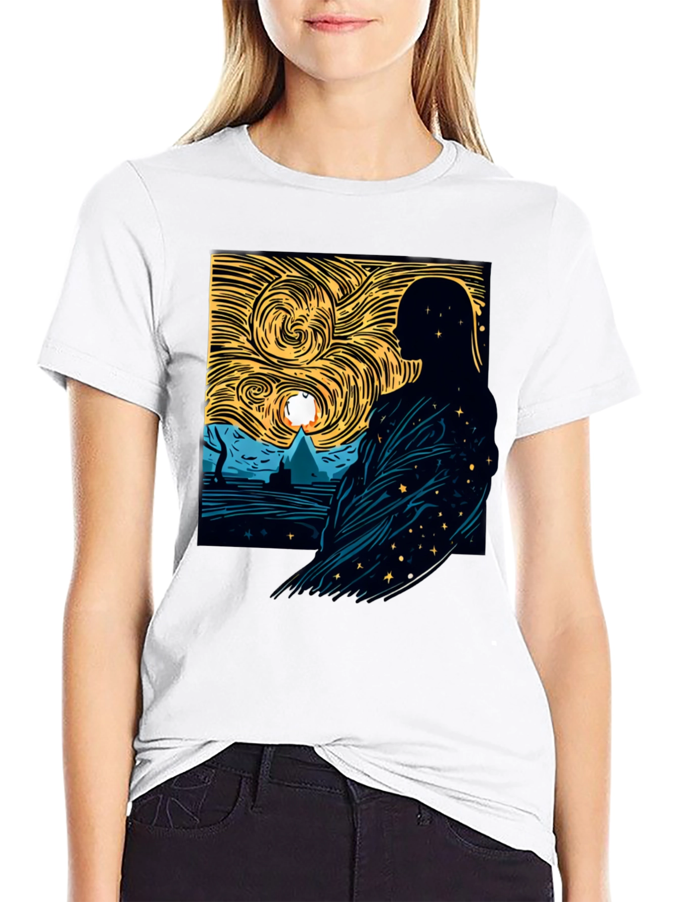 Starry Night Silhouette Graphic Tee - Modern Art Shirt