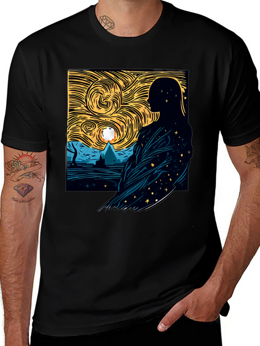 Starry Night Silhouette Graphic Tee - Modern Art Shirt