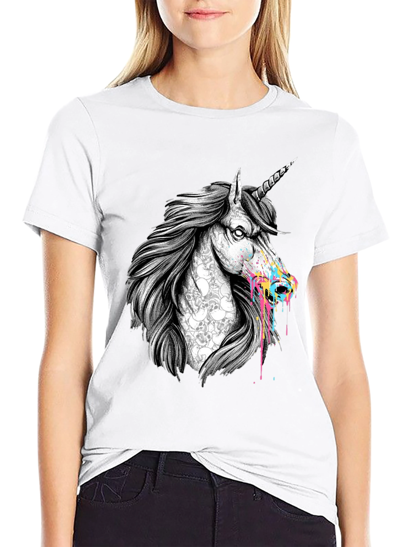 Unicorn Skull Graphic Print Black T-Shirt