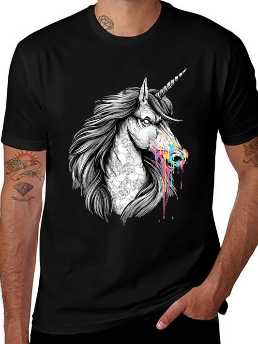 Unicorn Skull Graphic Print Black T-Shirt