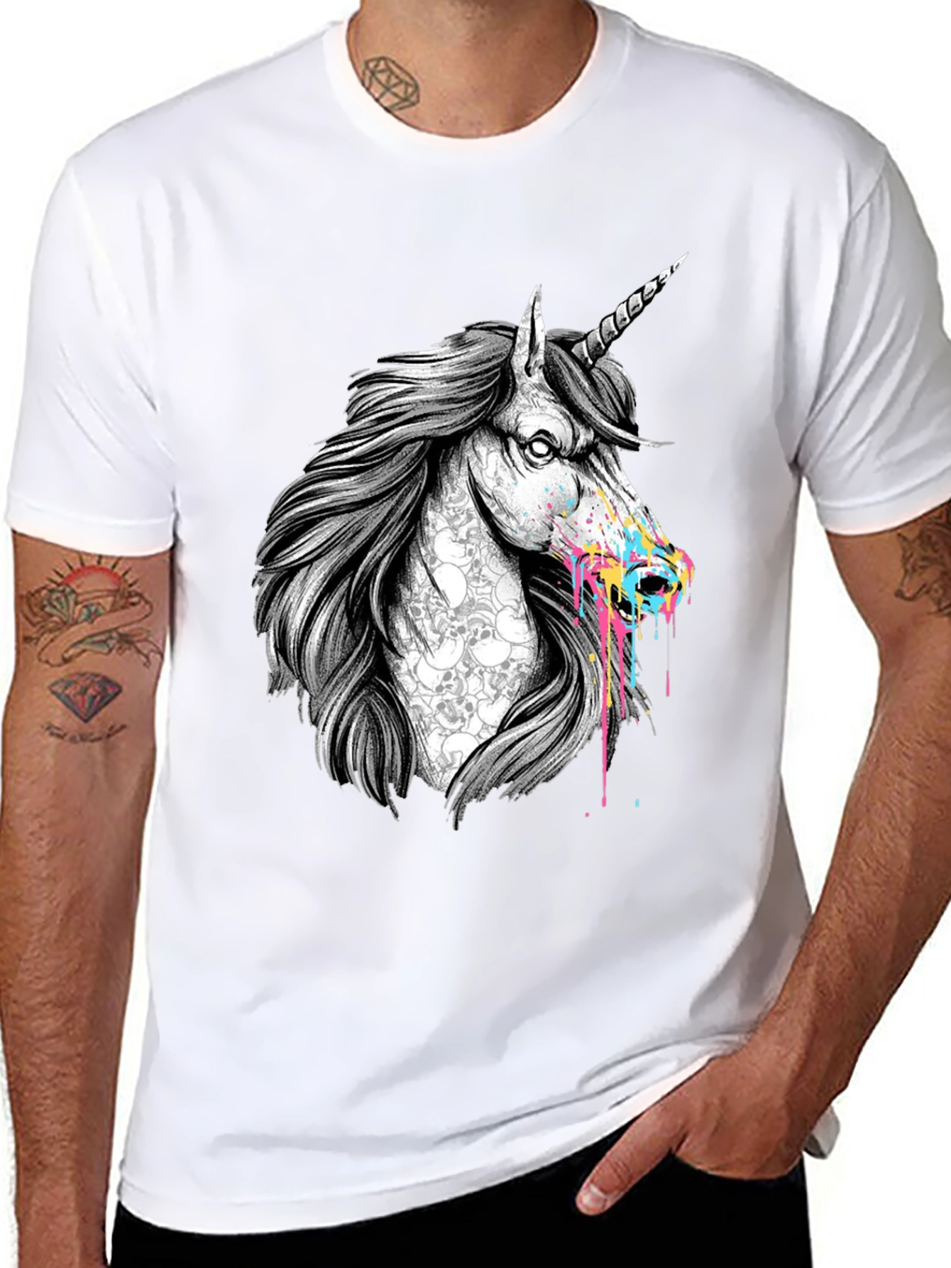 Unicorn Skull Graphic Print Black T-Shirt