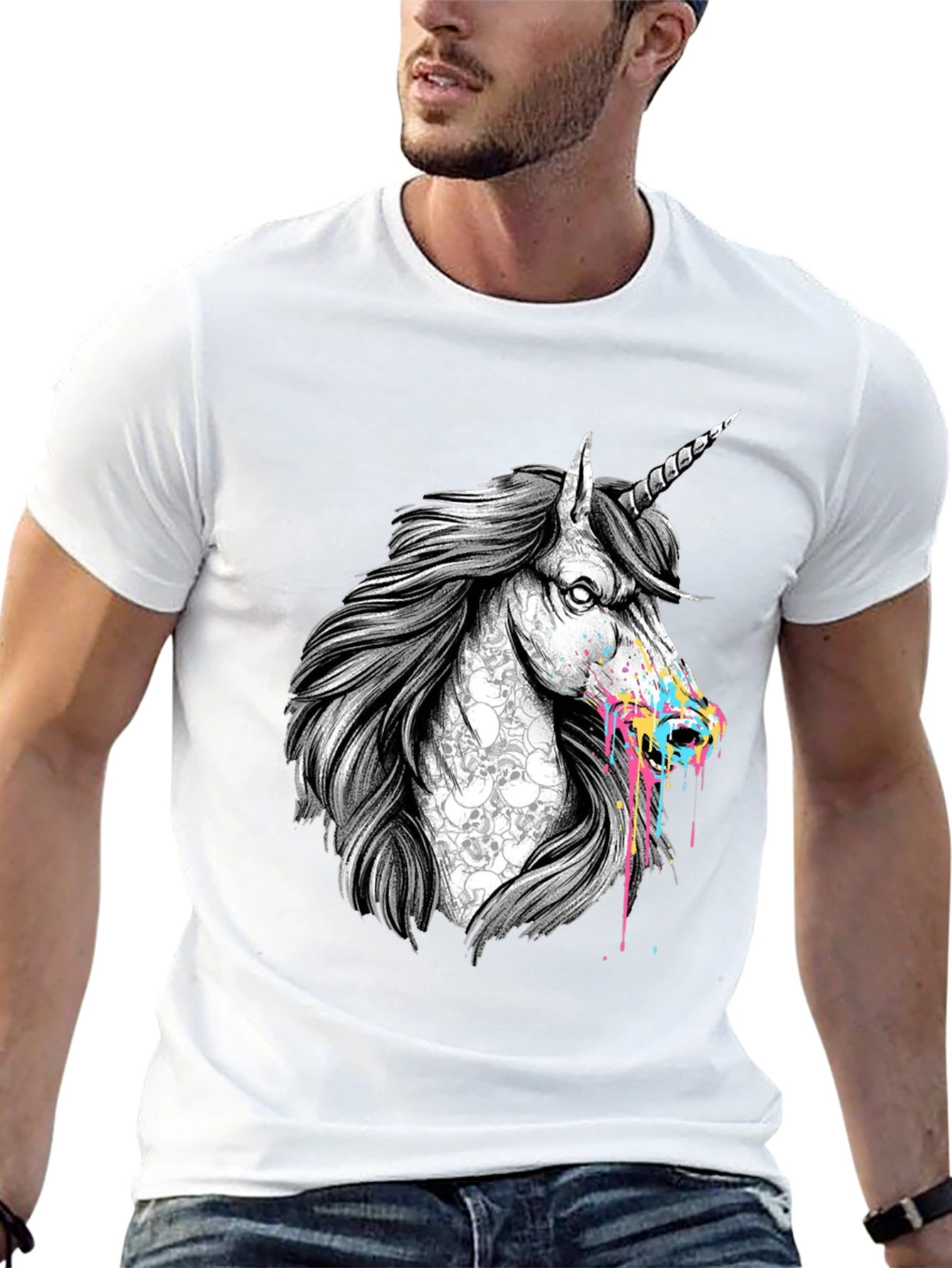 Unicorn Skull Graphic Print Black T-Shirt