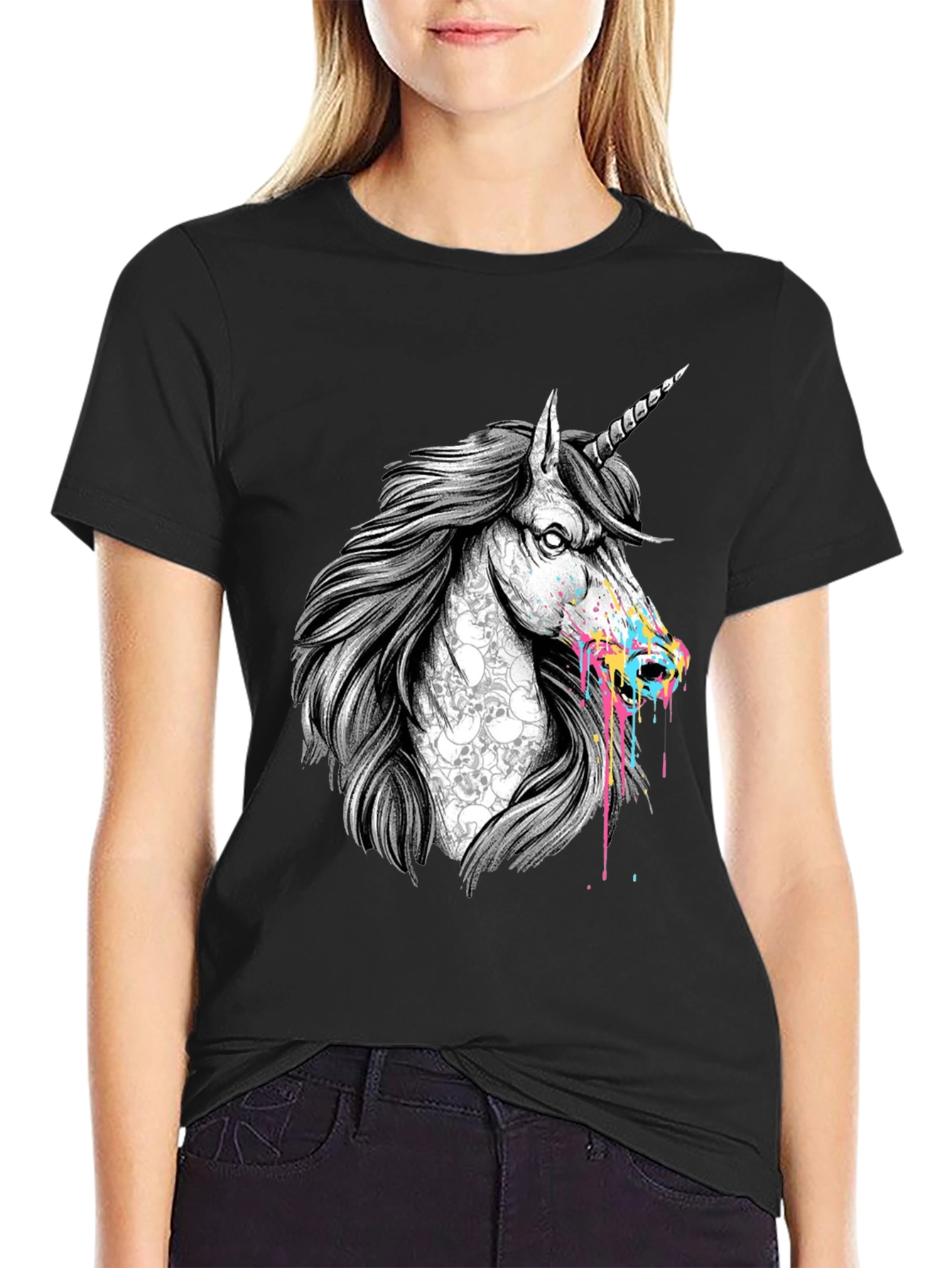 Unicorn Skull Graphic Print Black T-Shirt
