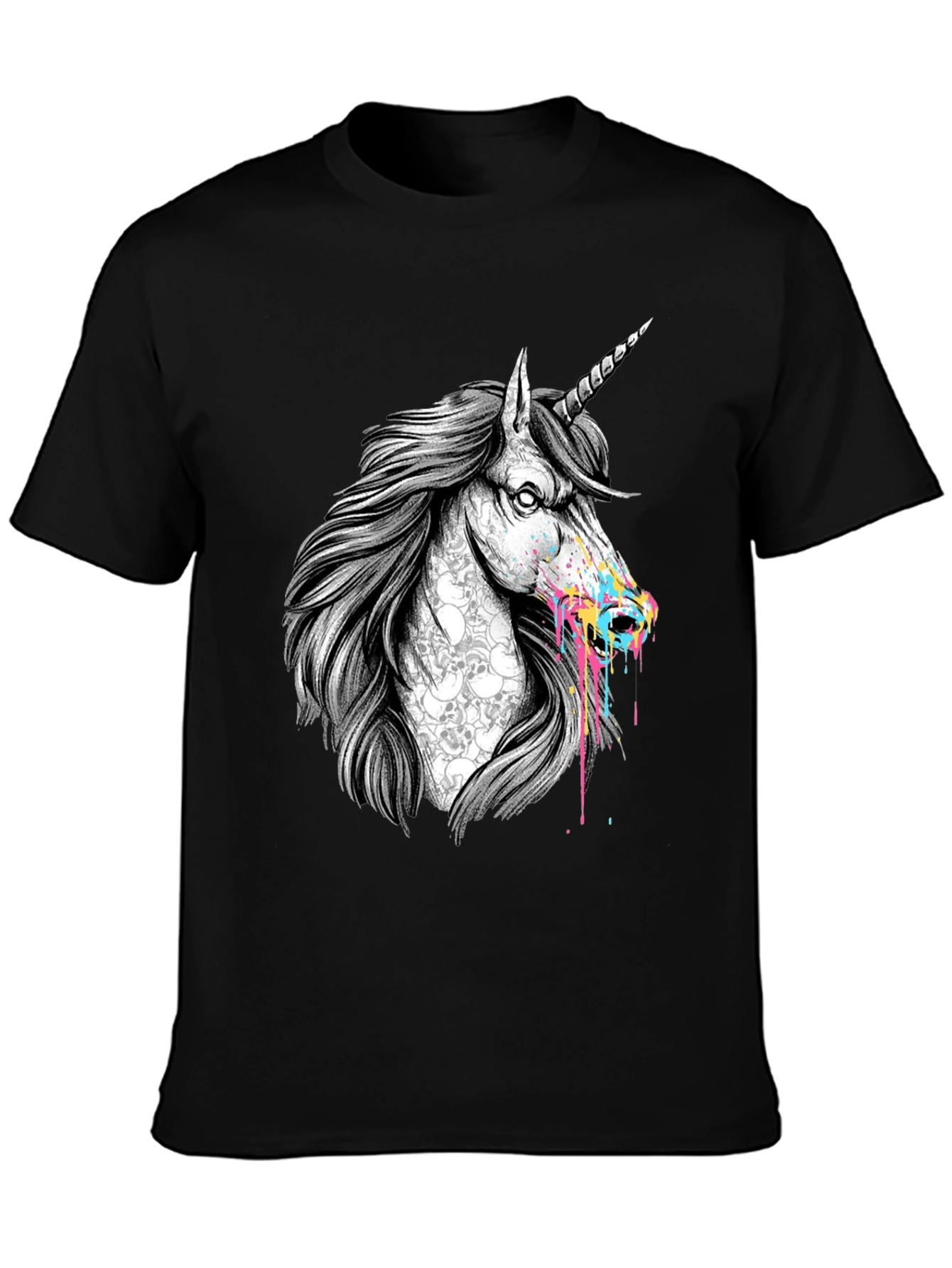 Unicorn Skull Graphic Print Black T-Shirt
