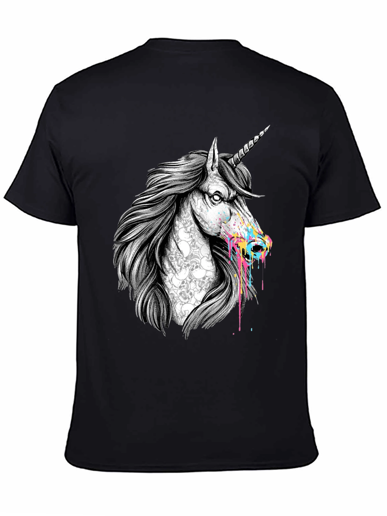 Unicorn Skull Graphic Print Black T-Shirt